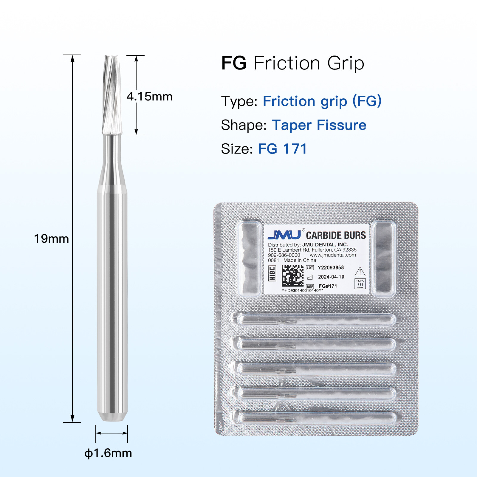 JMU Dental Carbide Burs High Speed FG Taper Fissure 5pcs/pk