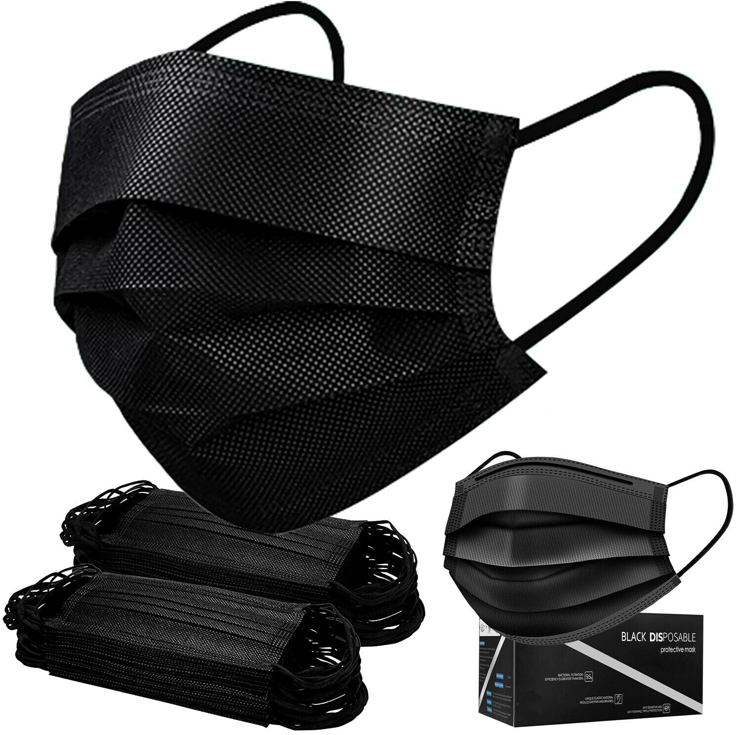 100PCS Black 3-Ply Disposable Face Mask Non Medical Surgical Earloop Mouth Cover