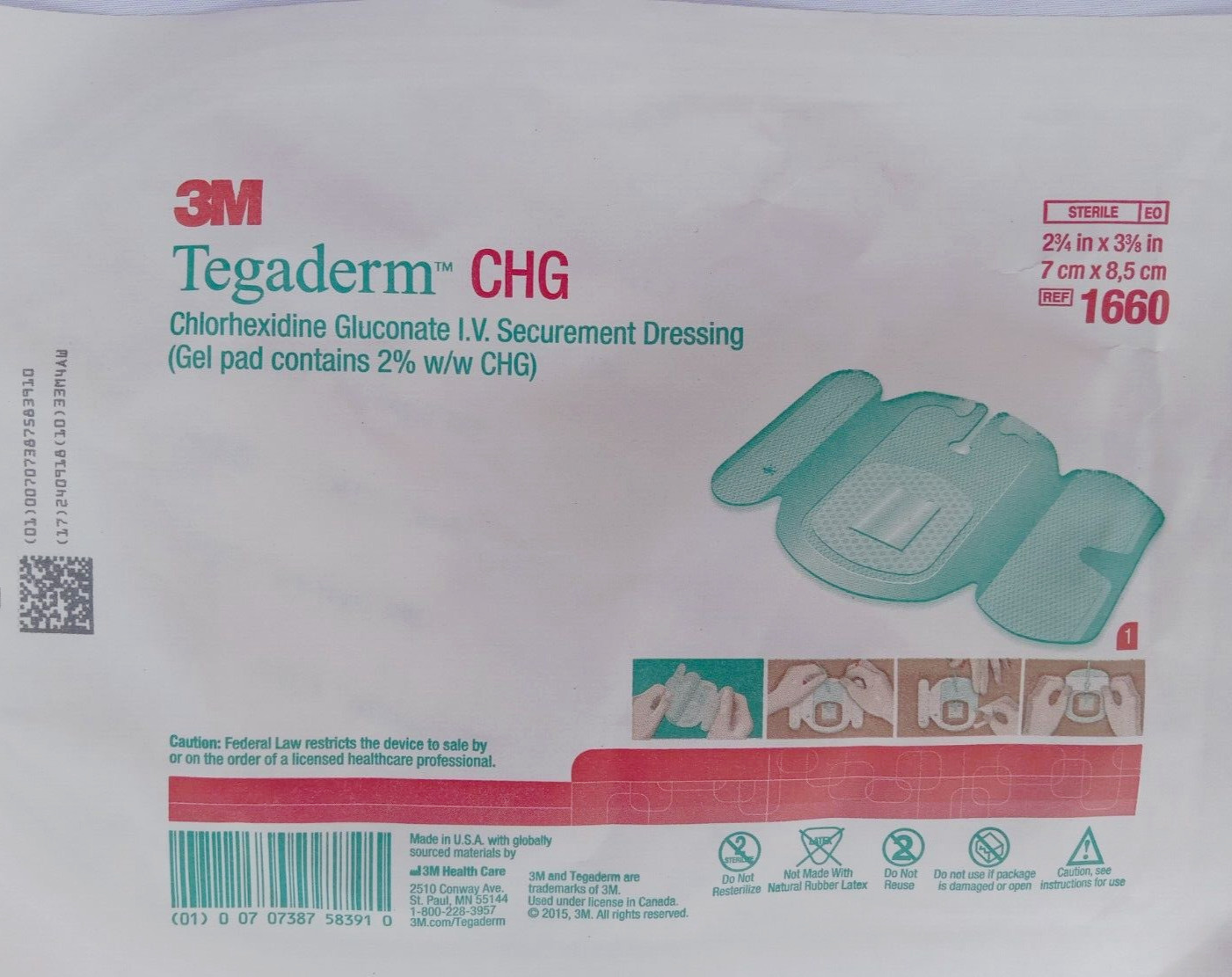 3M Tegaderm CHG I.V. Securement Dressing 1660, 2¾ x 3-3/8 inch, Lot of 4
