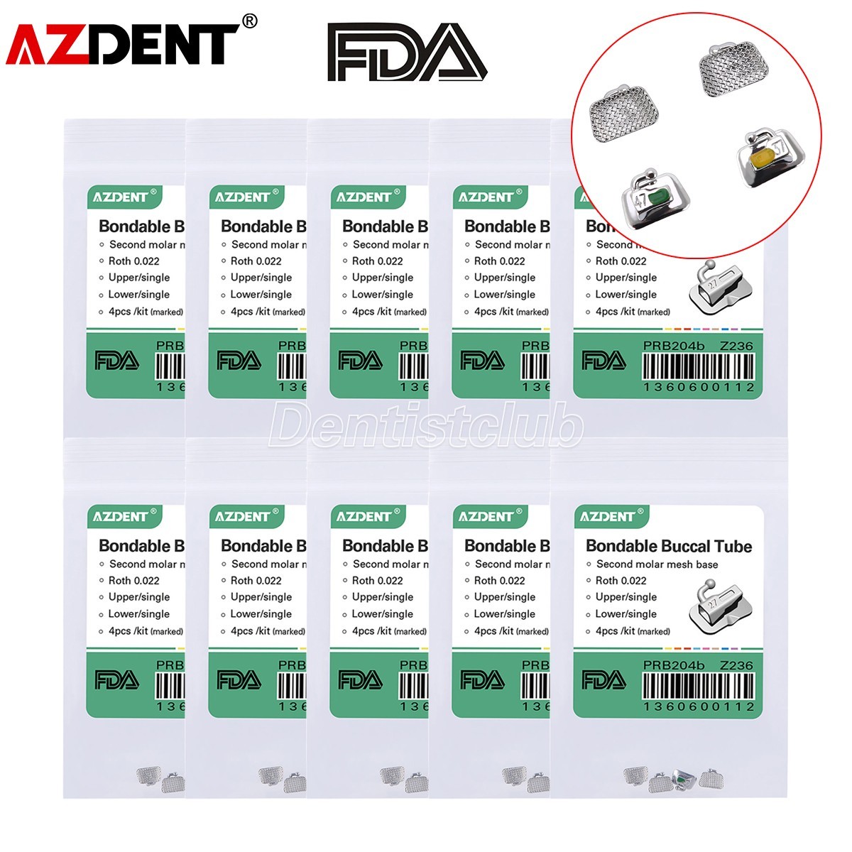 10X AZDENT Dental Ortho Buccal Tubes for 2nd Molar Bondable Non-Conv Roth.022