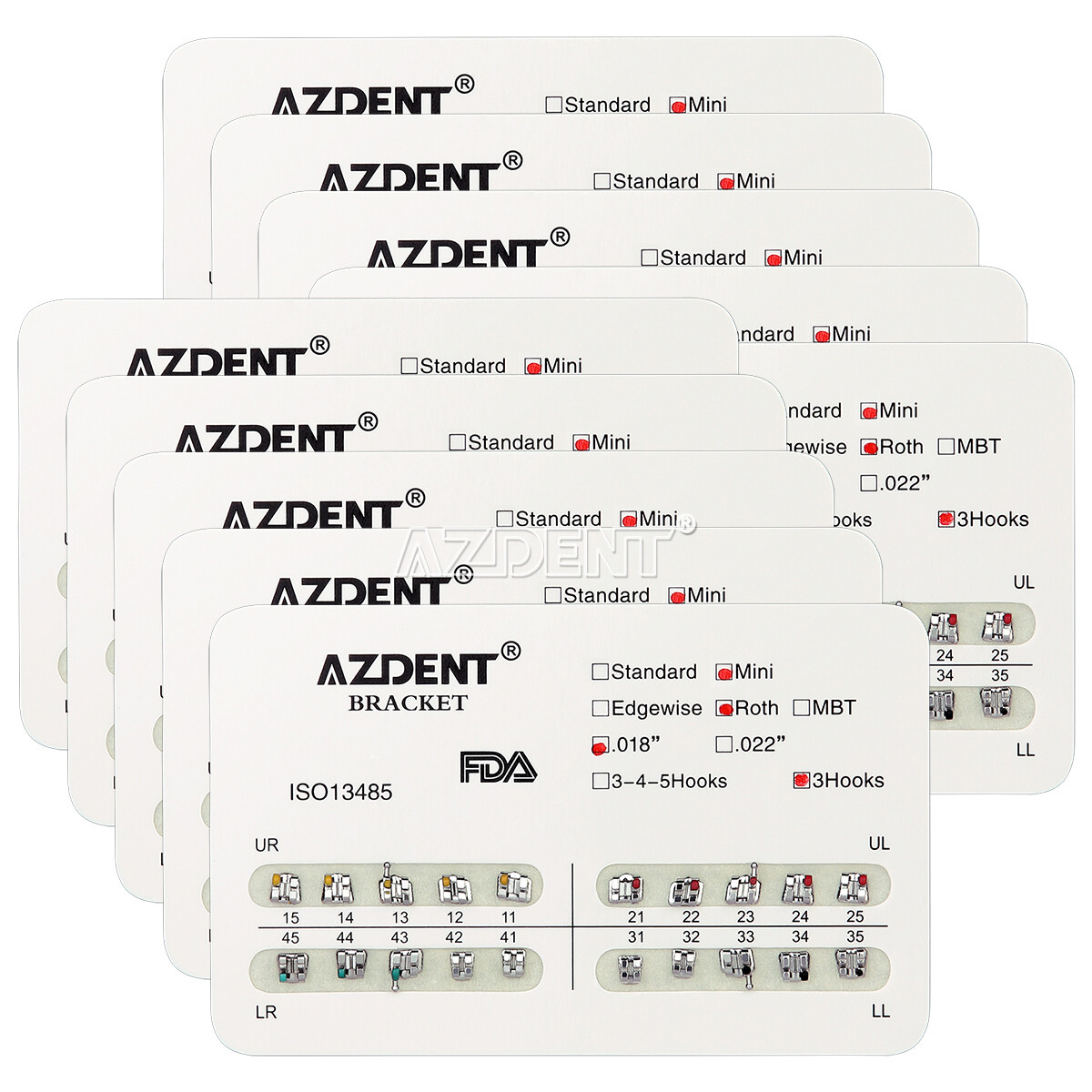 10X AZDENT Dental Ortho Brackets Mini/Standard MBT/Roth .022/.018 Hooks 3/3 4 5