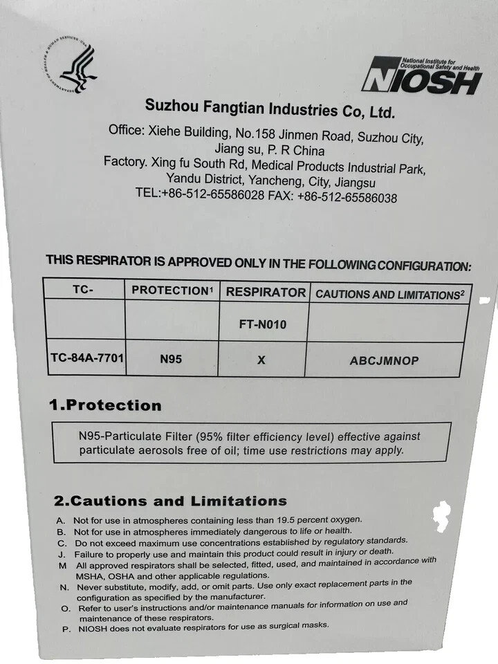 N95 Niosh FLTR Niosh 20 pcs Particulate Respirator