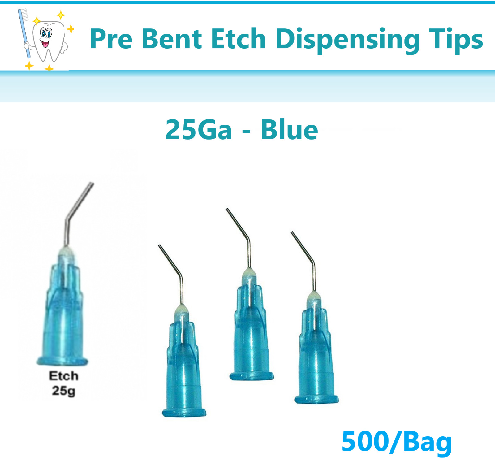 500 Blue 25 Gauge Etch Dental Pre Bent Applicator Dispensing Tips (5 Bags)