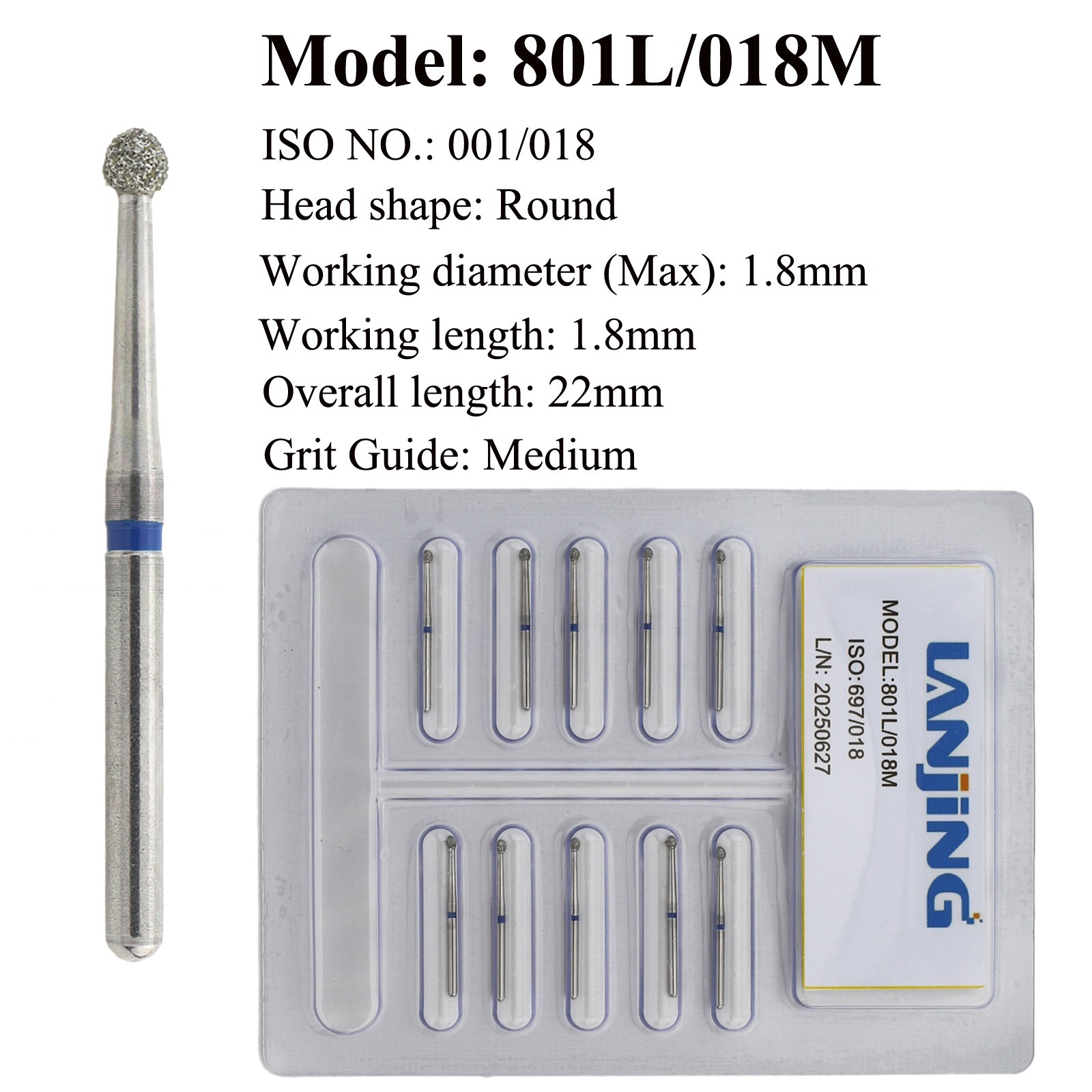 Dental Diamond Bur Round 1.8mm Medium Grit 22mm FG 801L/018M High Speed Burs