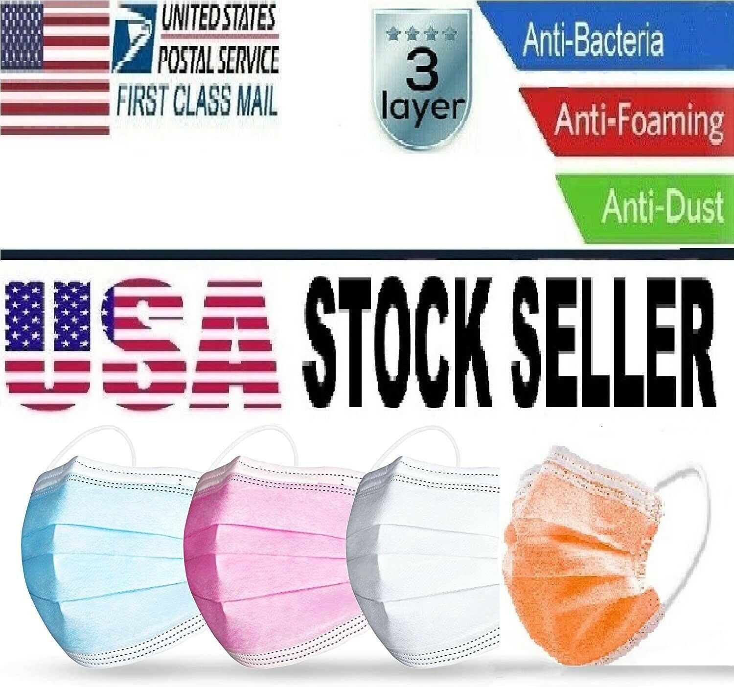 50 Pcs Medical,Surgical,Dental 3-Layers Face Mask Blue20,White10,Pink10,Orange10
