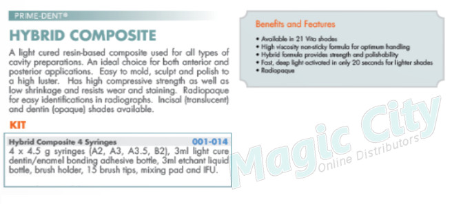 Prime-Dent Light Cure Hybrid Dental Resin Composite 4 Syringe Kit #001-014