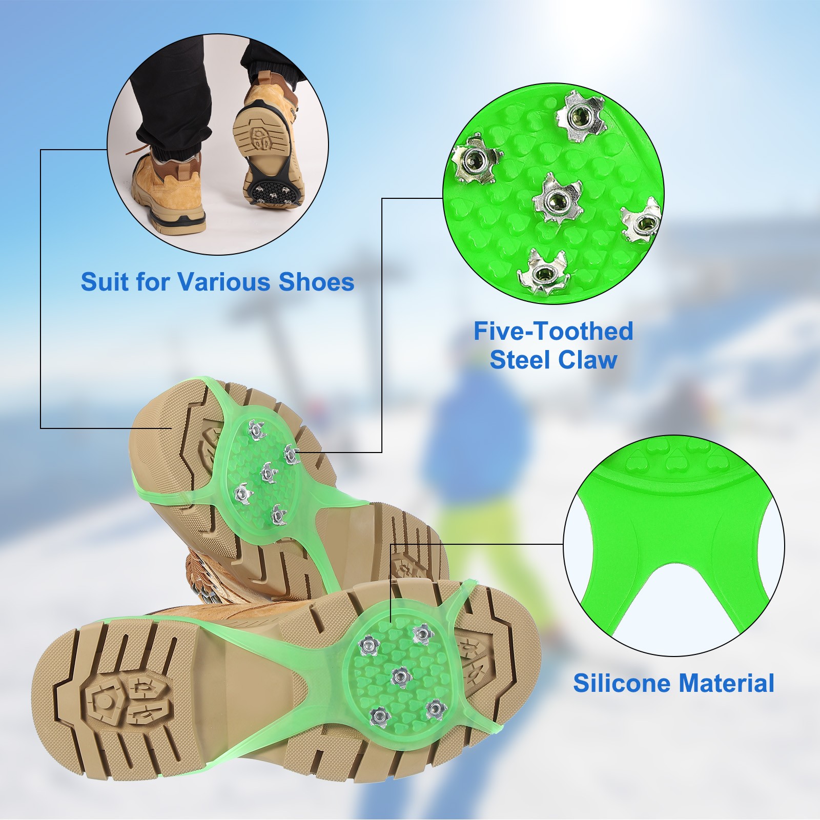 3 Pcs Non-Slip Spikes, 5 Tooth Steel Nails Ice Cleats, Green Size-M