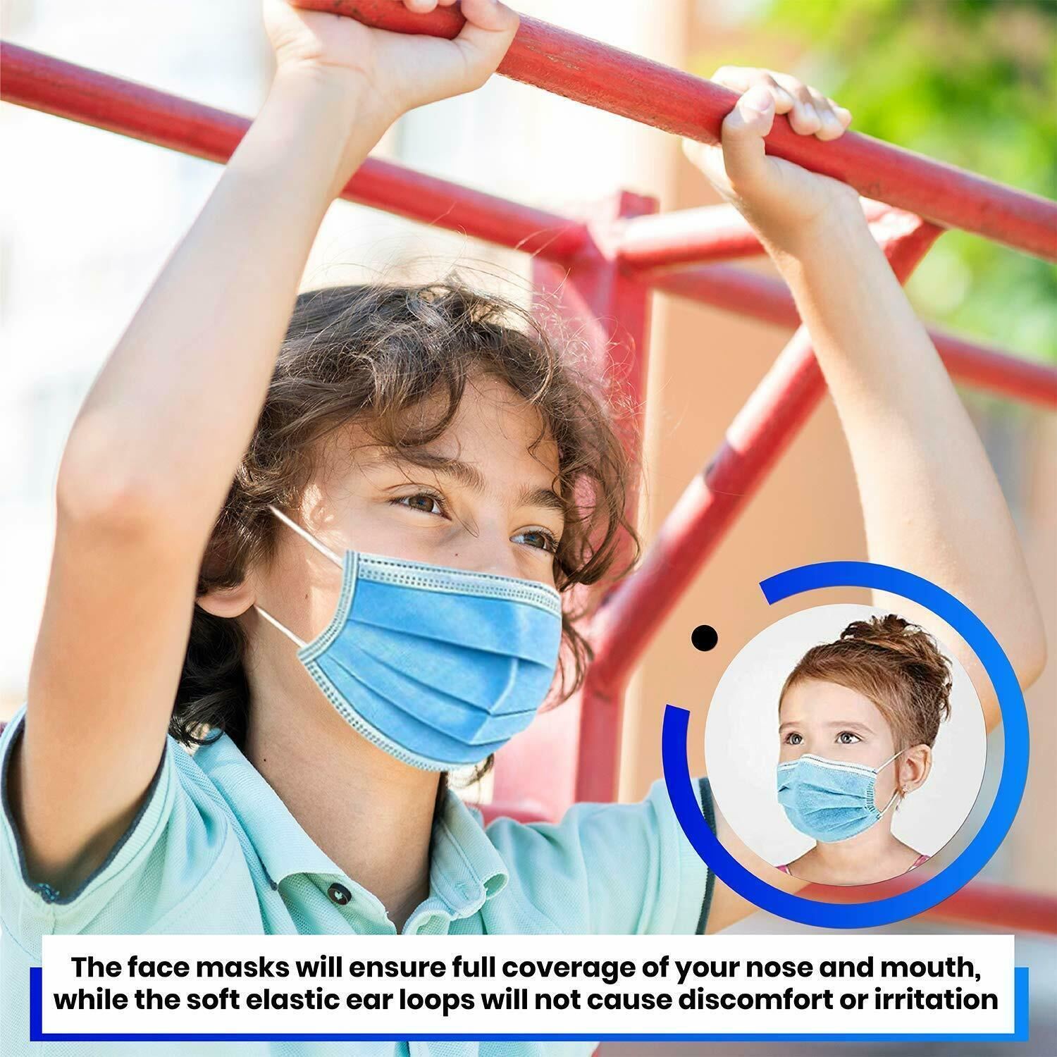 50 Pcs Kids Face Mask Disposable Children 3-Layers Soft Skin Mouth Cover Blue