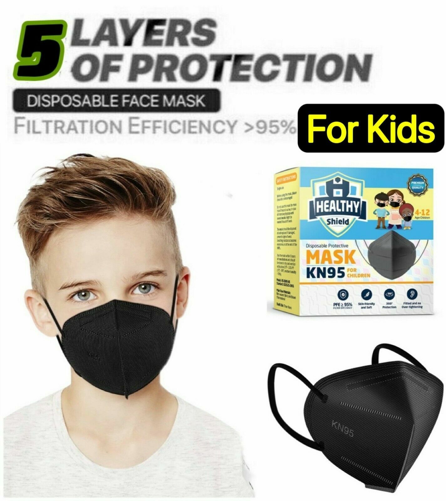10/50 Pcs Black KN95 Protective 5 Layer Kids Face Mask BFE 95% Disposable Masks