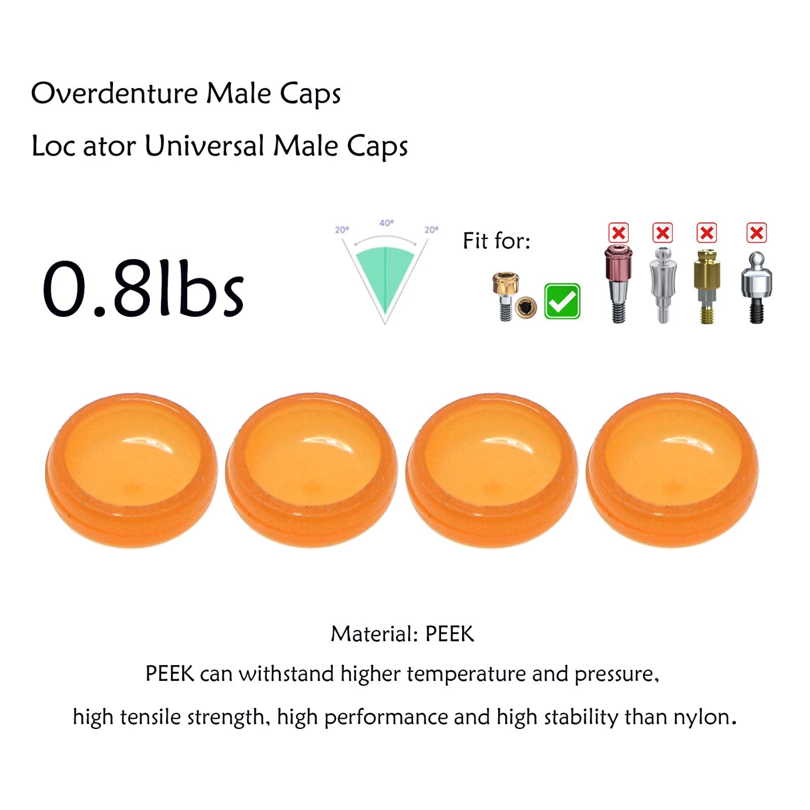 4pcs/set Overdenture Abutment Removable Locat0r Male Caps Inserts 0.8 lbs Yellow