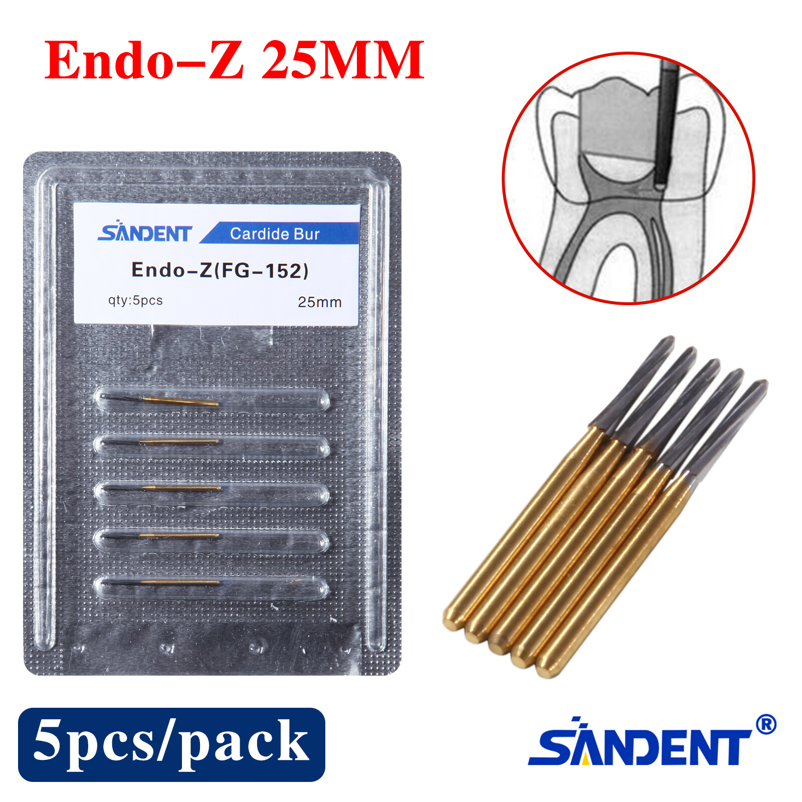 5PCS Dental Endodontic ENDO-Z Tungsten Carbide FG Round Bur High Speed 25mm USA