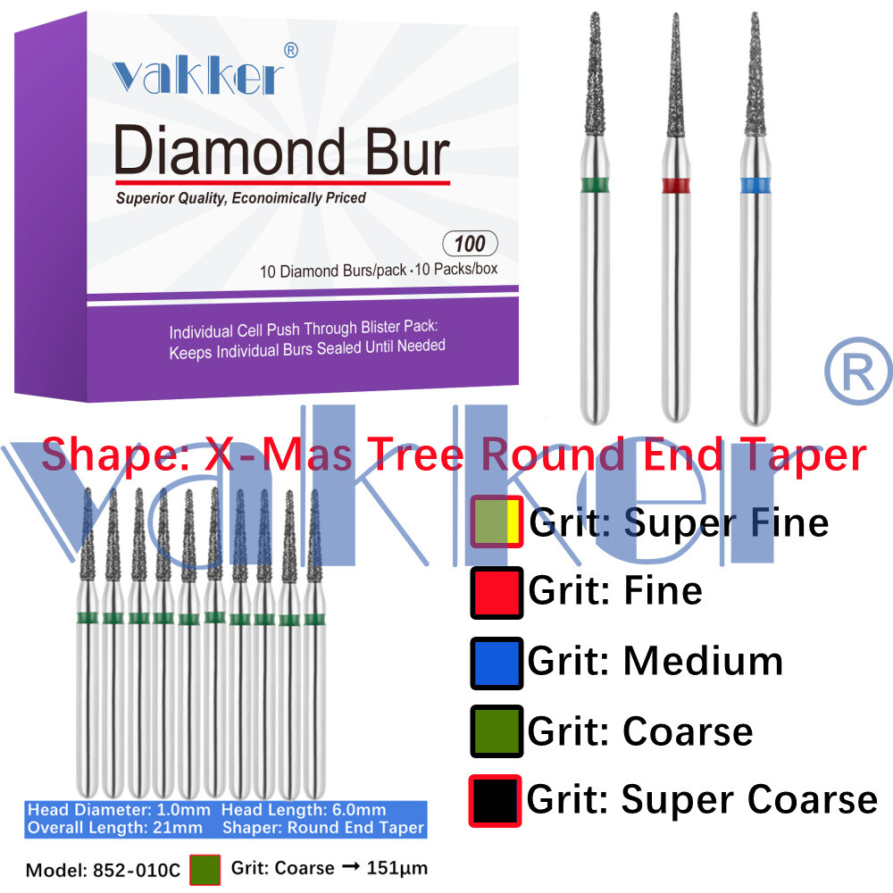 10pc Diamond Bur Shape X-Mas Tree Round End Taper Burs Fine Medium Coarse