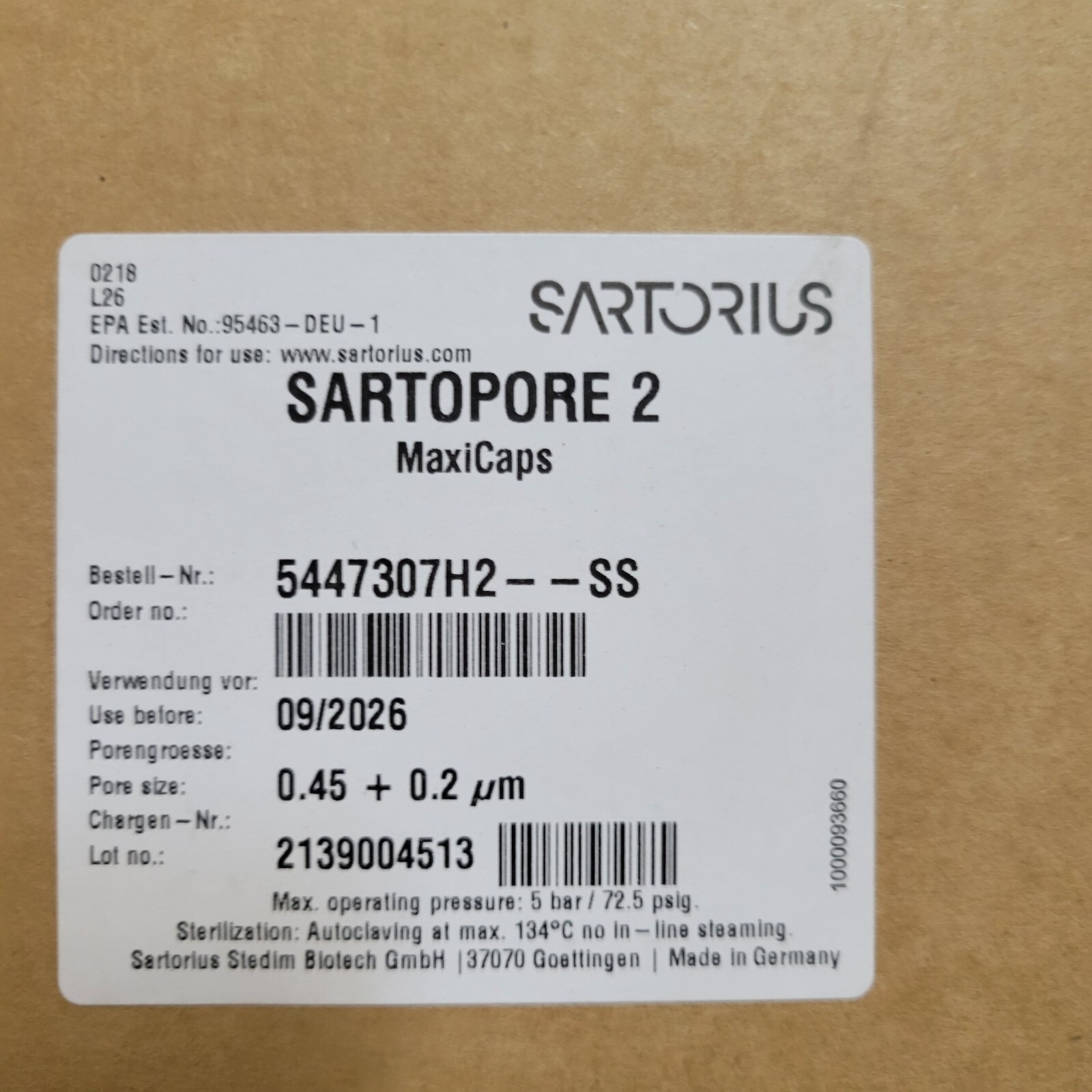 SARTORIUS Sartopore 2 Maxicaps 0.2µm Filter 20” Polyethersulfone 5447307H2–SS