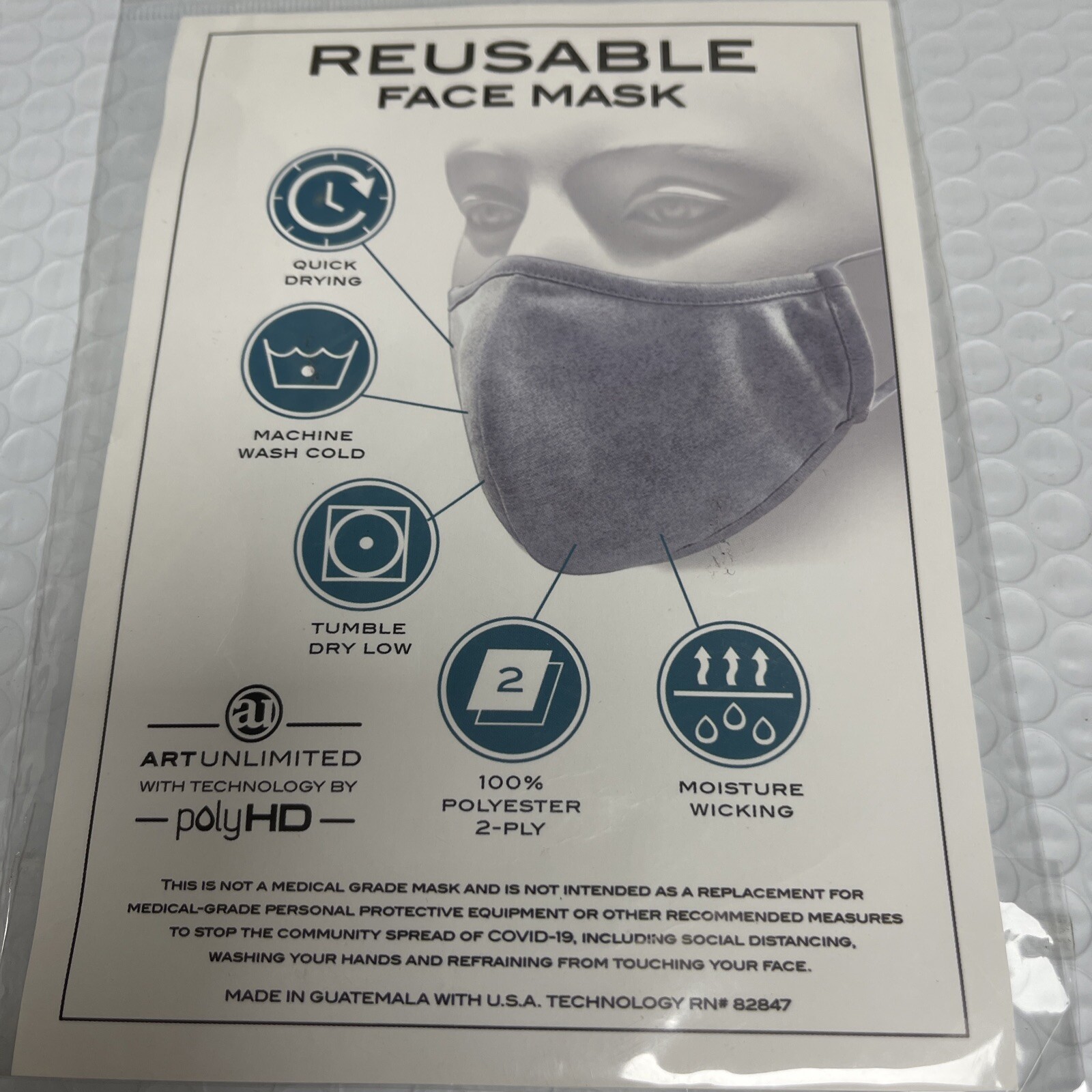 10 Polyester Face Masks Earloop Black 2-Ply Unisex Reusable, Washable, Quick Dry