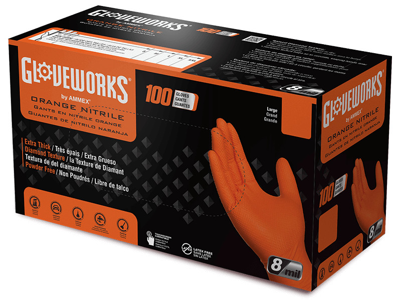 GLOVEWORKS HD Orange Nitrile Disposable Gloves 8 Mil Raised Diamond Texture