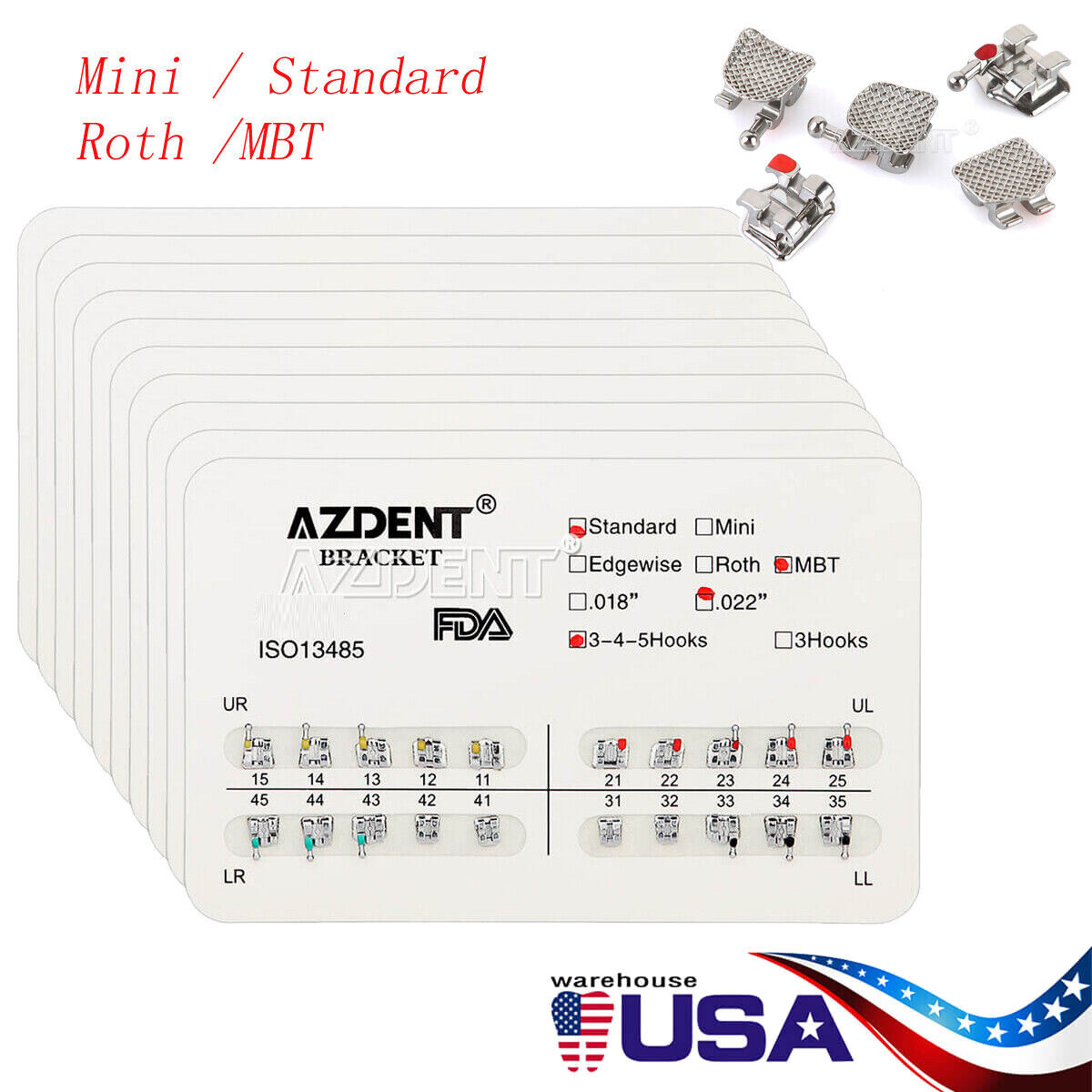 20 X AZDENT Dental Orthodontic Bracket Braces Mini Standard Roth MBT 018/022