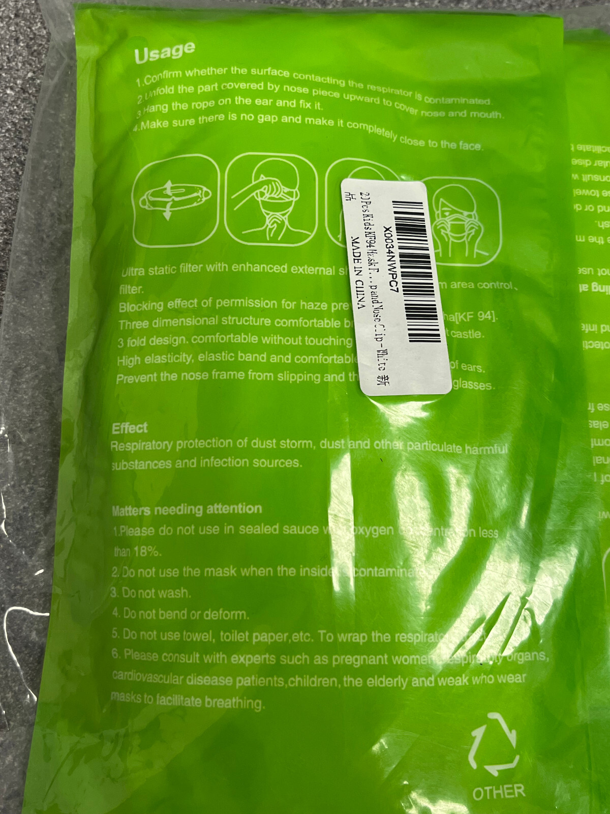 Kids KF94 4 Layer Protective Mask White, Dust Mask 3D 10pc per pack, 2pk per bag