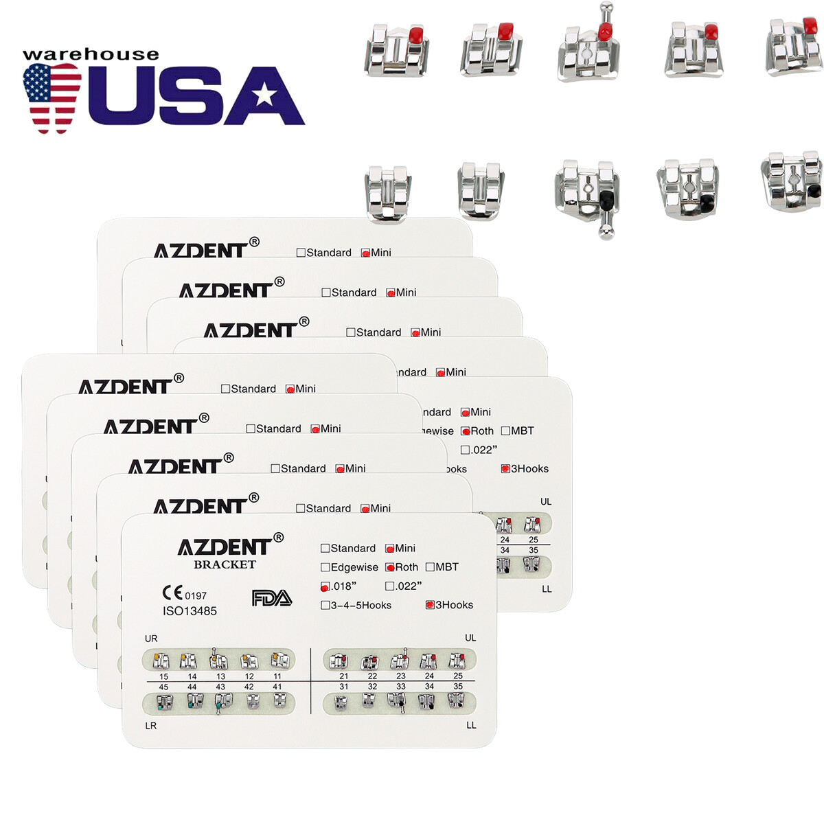 10 X AZDENT Dental Ortho Brackets Mini/Standard MBT/Roth 022/018 Hooks 3 4 5 USA