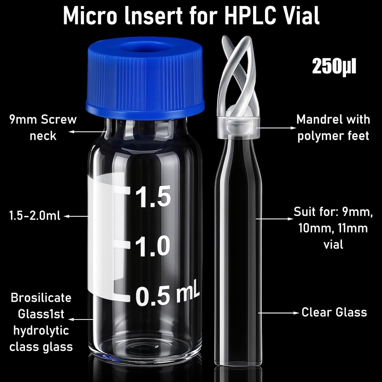100PCS 2ml HPLC Autosampler Clear/Amber Vials 9-425 Screw Cap Vial Inserts 250uL