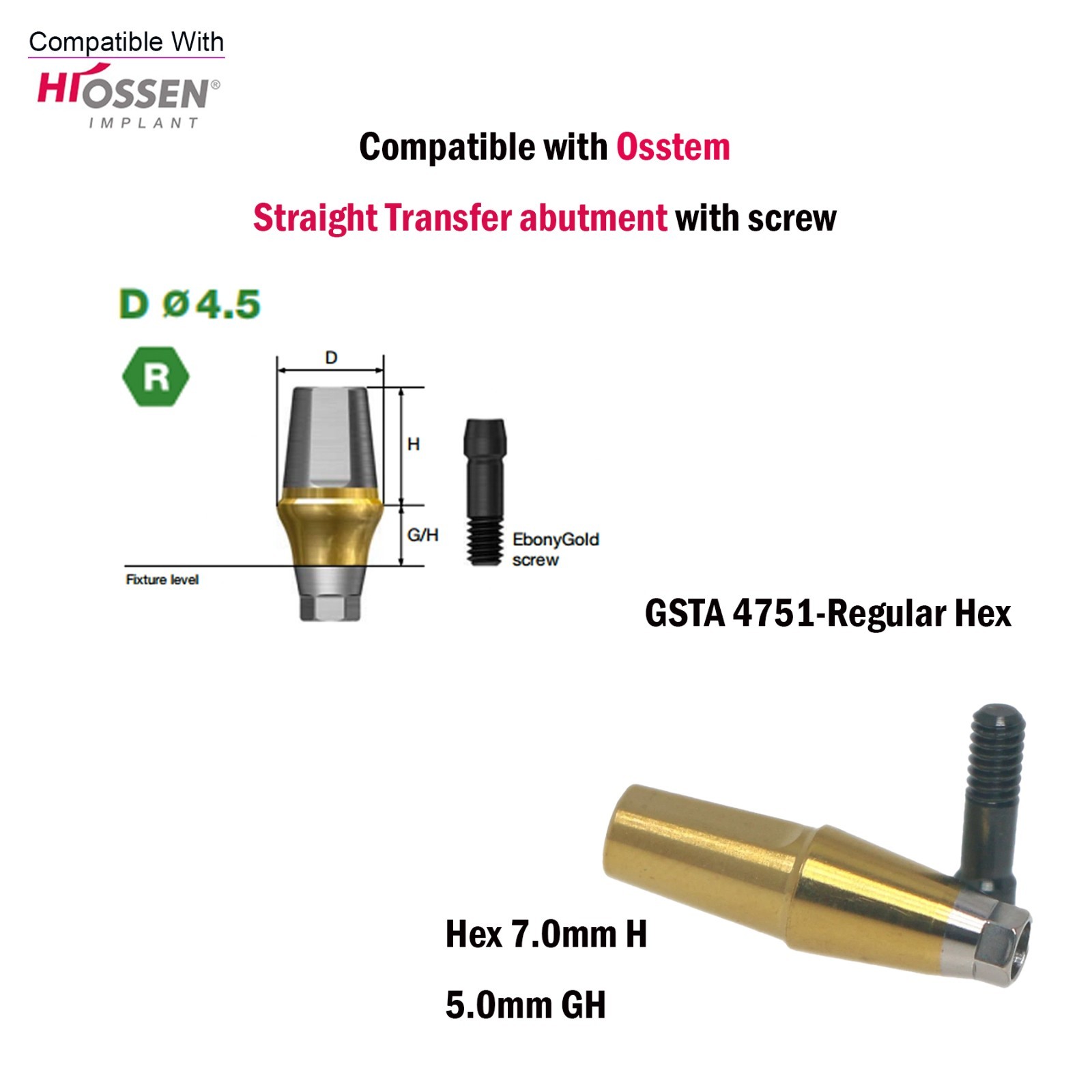 US Dental Straight Transfer Abutment Hex Regular Ø4.5For Osstem Hiossen TS 1-5mm