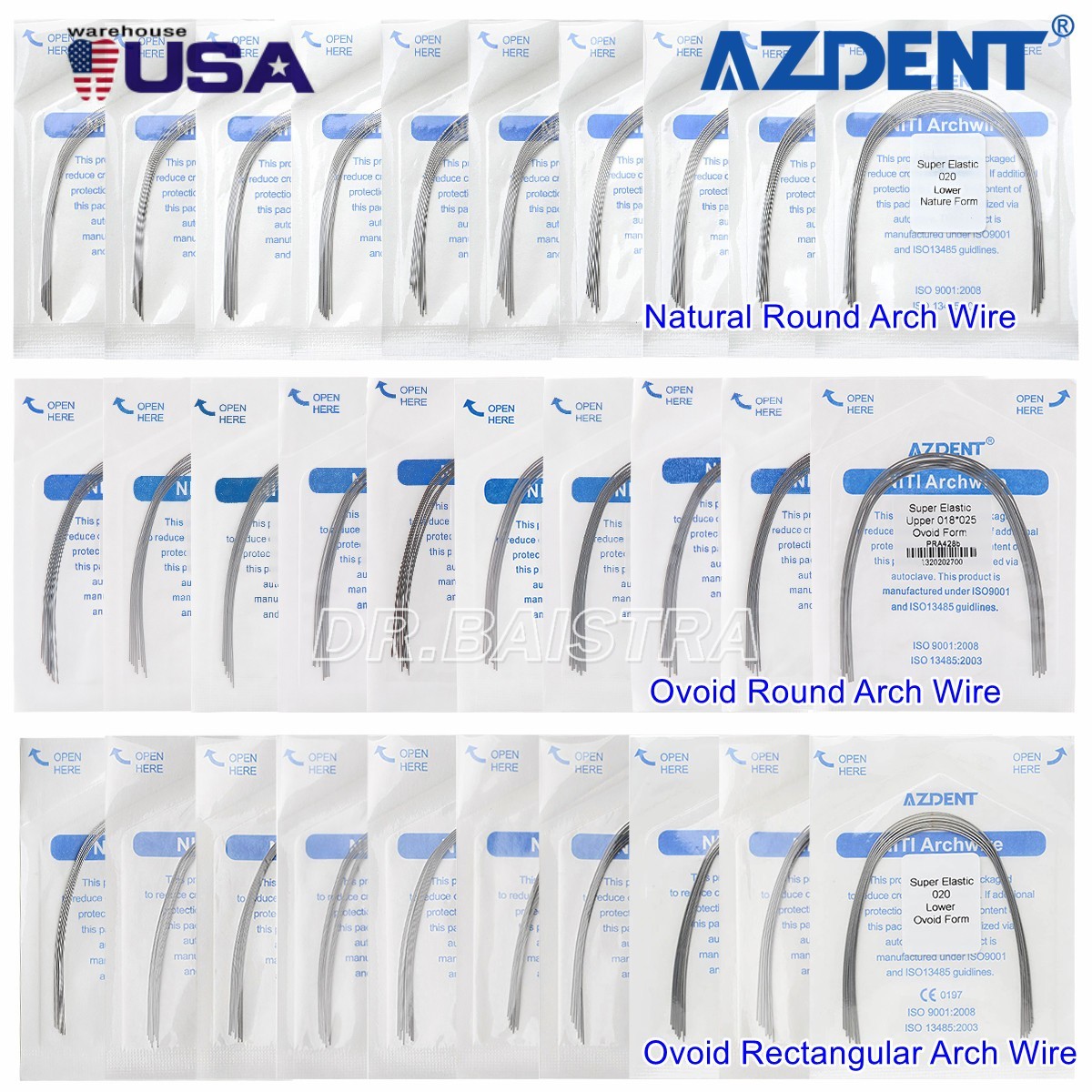 10pcs AZDENT Dental Ortho Arch Wire Super Elastic NiTi Ovoid Round Rectangular