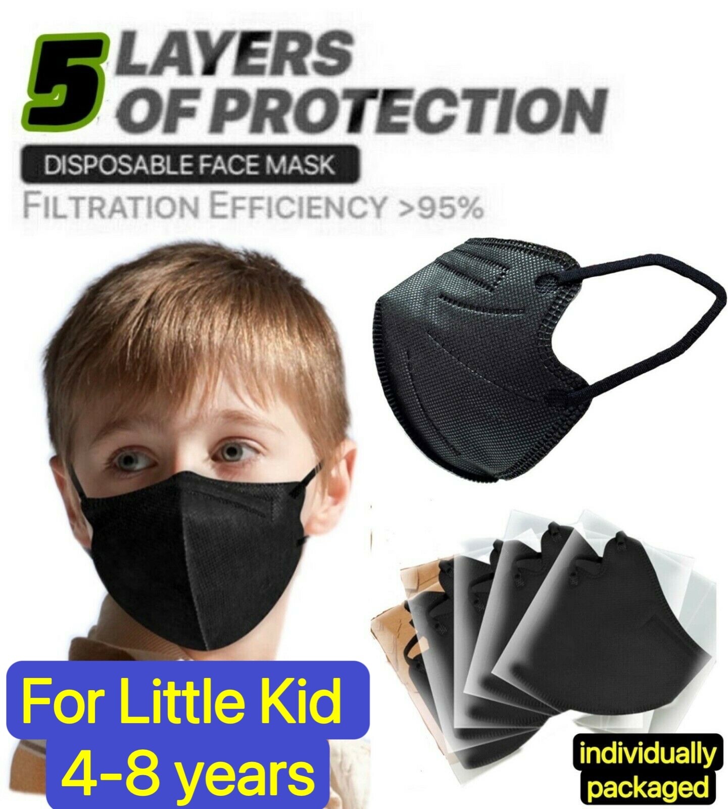 10-40Pcs Black KN95 Protective 5 Layer Face Mask BFE 95% Disposable Masks kids