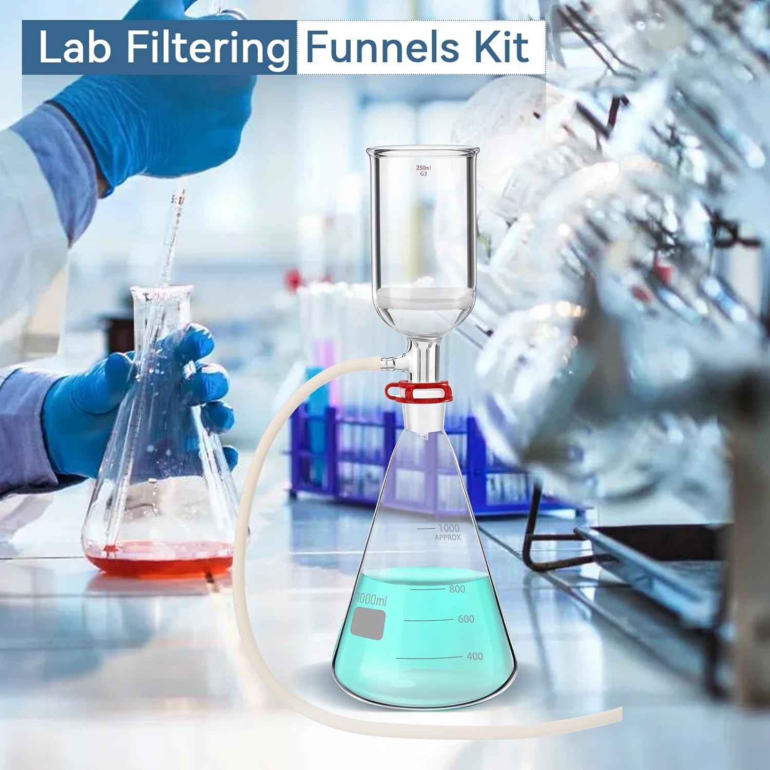1000mL Lab Vacuum Filtration Suction Filtering Flask Glass Kit 250ml Funnel New
