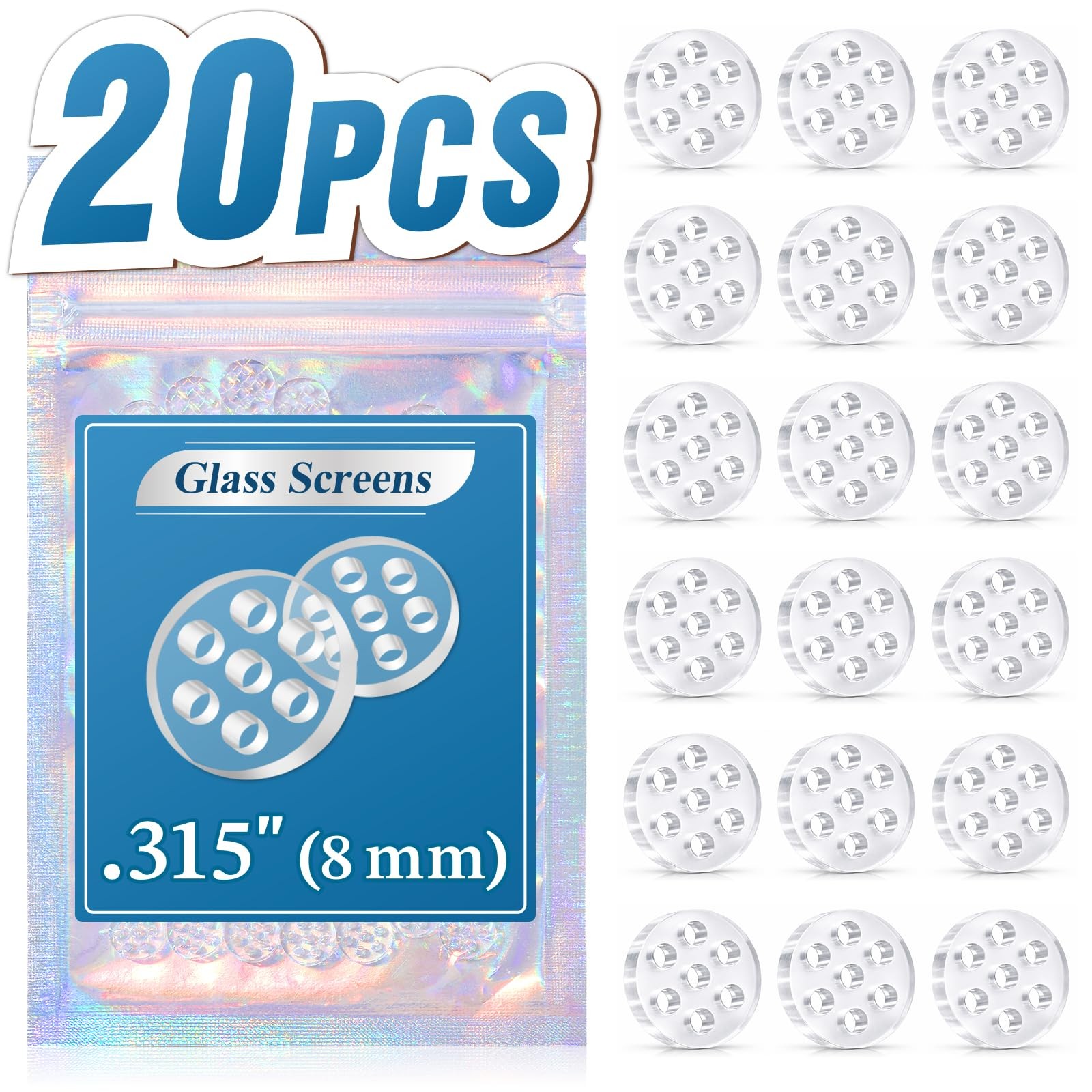 20-Pack 8mm Glass Screens with 7 Honeycomb Holes for Pipes and Bowls