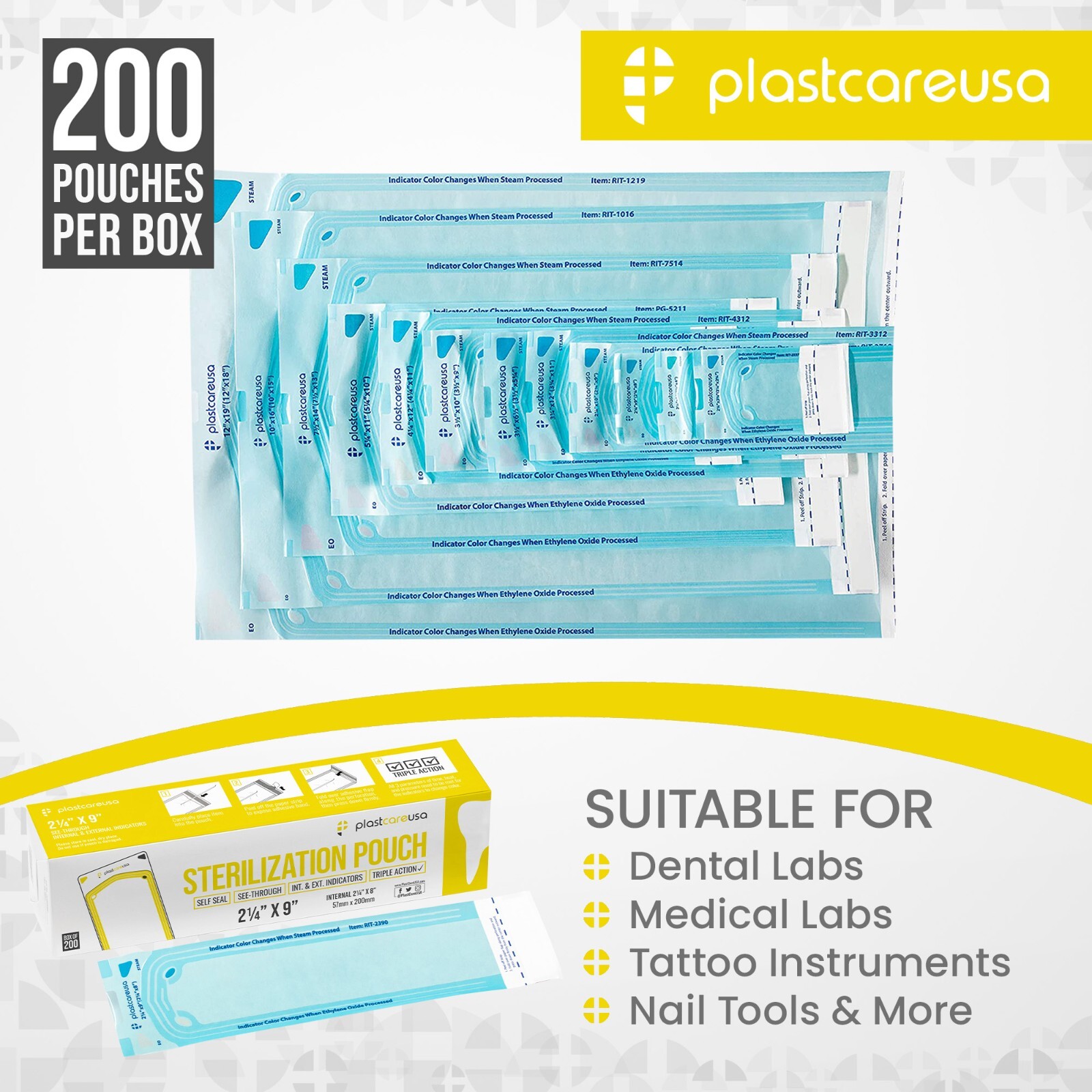 1,000 2.25″ x 8″ Self-Sealing Sterilization Pouches for Autoclave (5 Boxes)