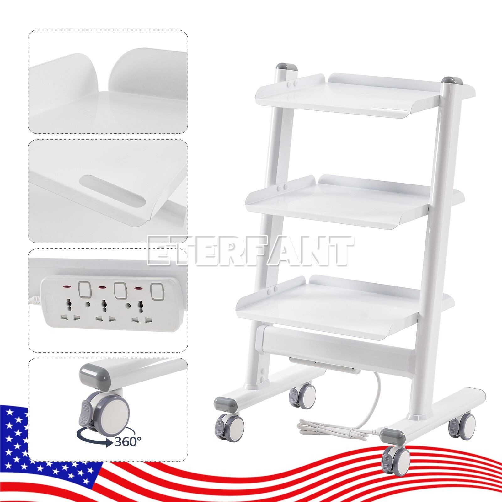 ETERFANT 3-Layer Dental Medical Trolley Stainless Steel Lab Mobile Rolling Cart