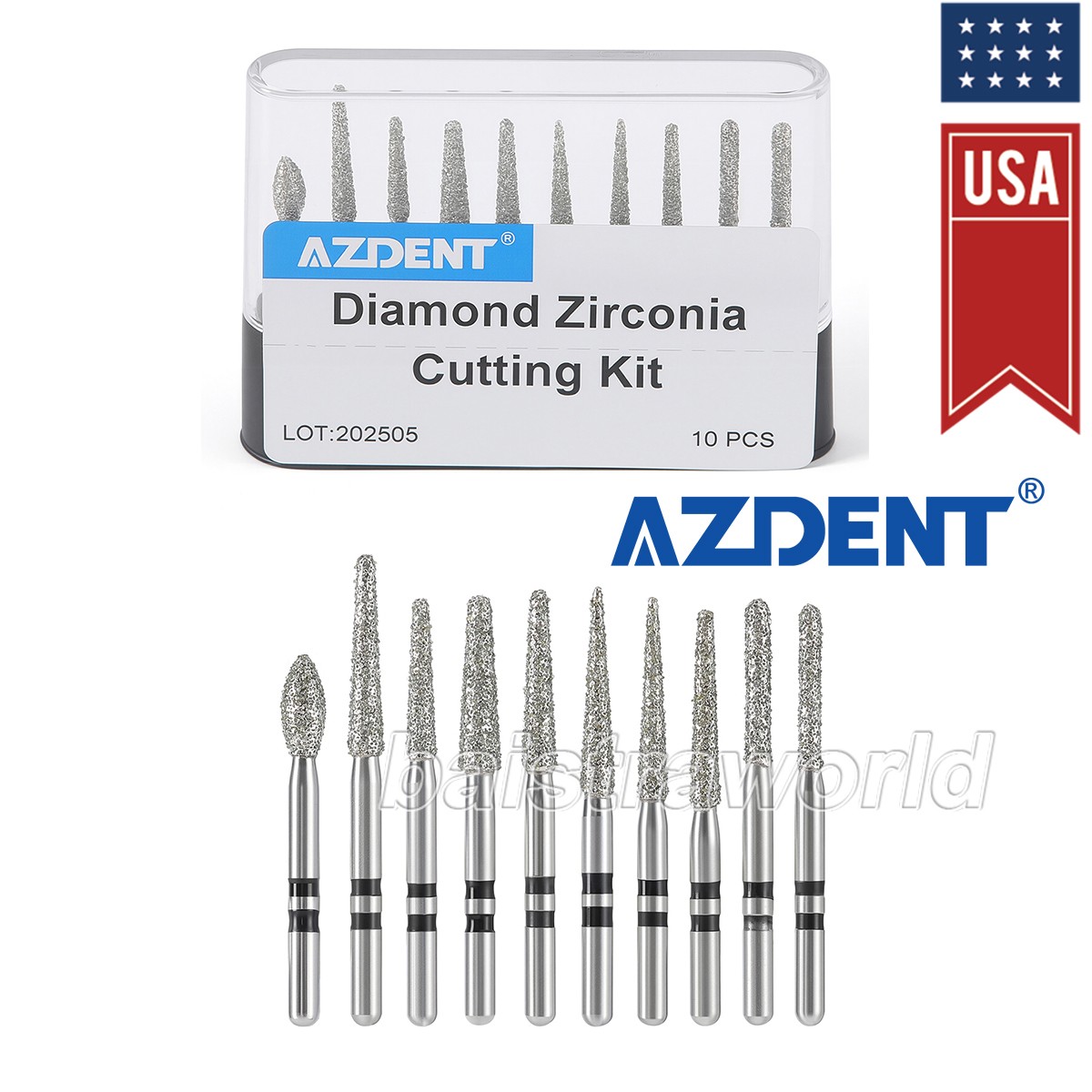 10Pcs/Pack AZDENT Dental Diamond Zirconia Cutting Burs Kit Friction Grip 1.6mm