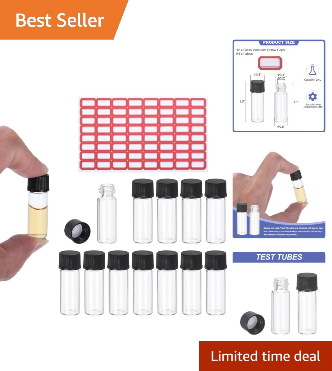 Leak-Proof 2ml Glass Vials with Labels – 12 Piece Reusable Set for Labs & Travel