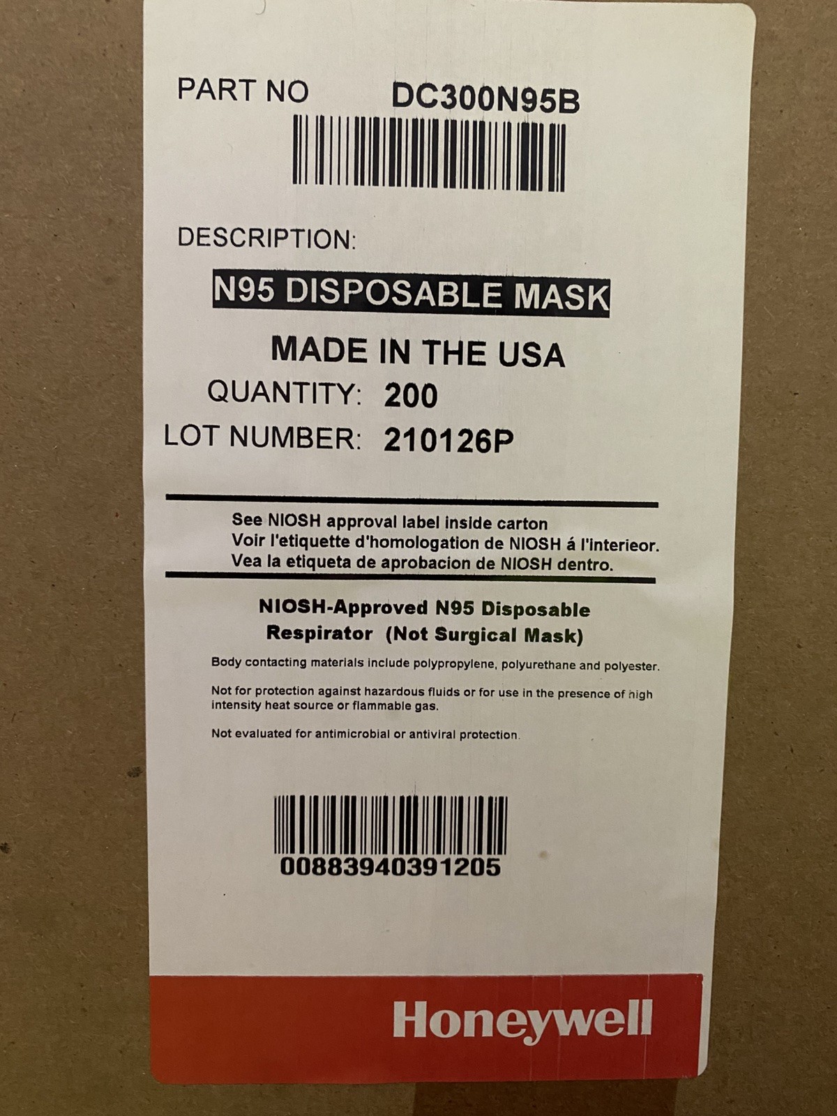 200 pcs. Honeywell N95 DC300N95B Respirator Particulate Masks Disposable NIOSH.