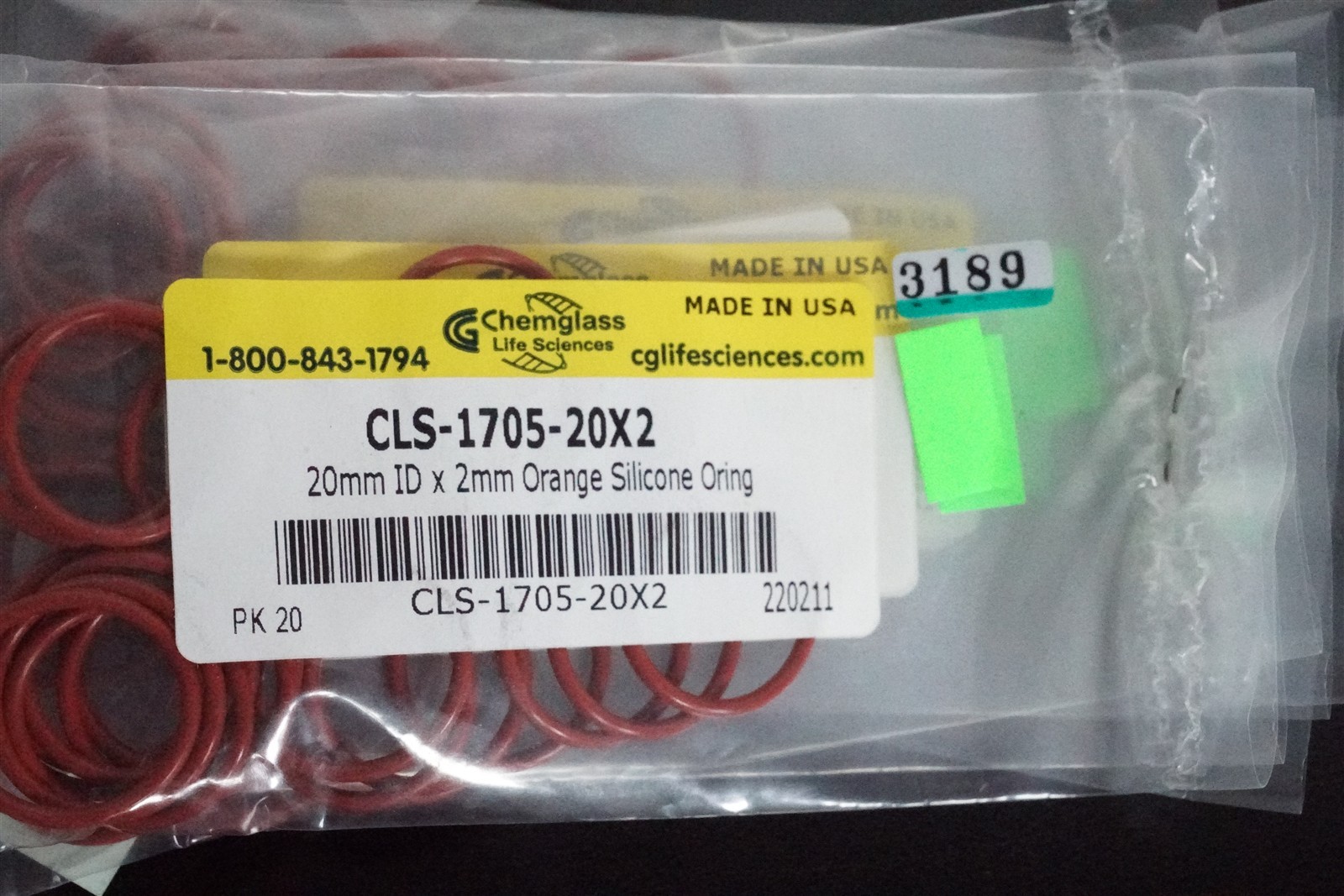 Chemglass CLS-1705-20X2 20.0 x 2.00 Orange Silicone O-Ring PK20 NIB