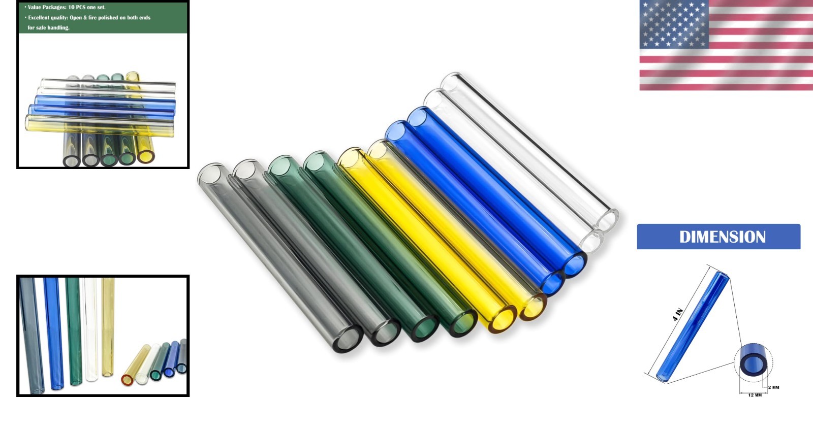 Durable 10-Piece Multi-Colored Glass Tubing – 4″ Borosilicate for All Purposes