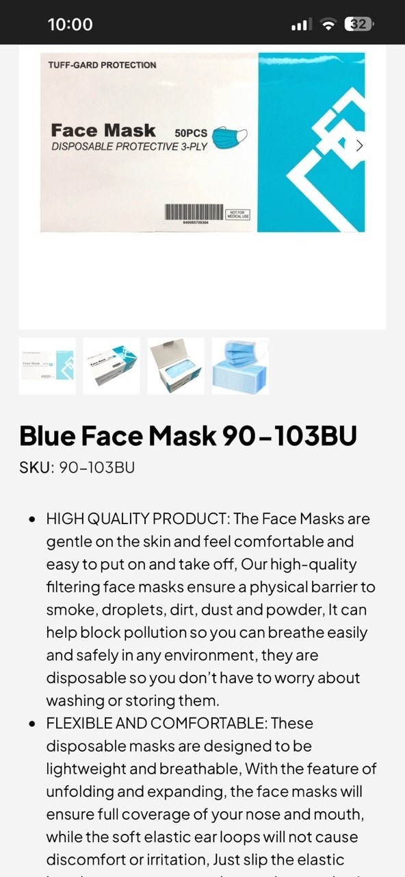 Tuff-Gard 3-Ply Disposable Face Masks 2000PCS. 40 Boxes. Blue Non Medical