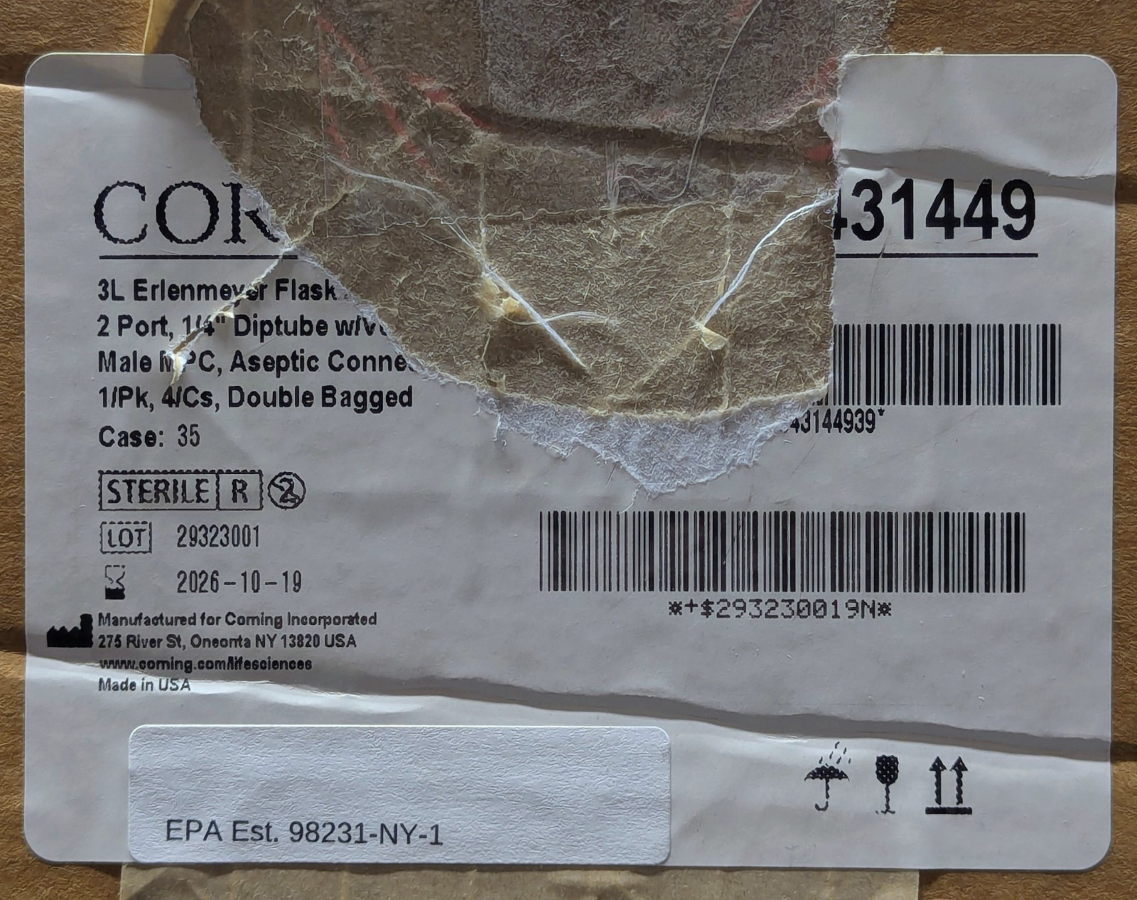 Corning 431449 Disposable 70 mm Aseptic Transfer Cap for 3L Erlenmeyer Flask