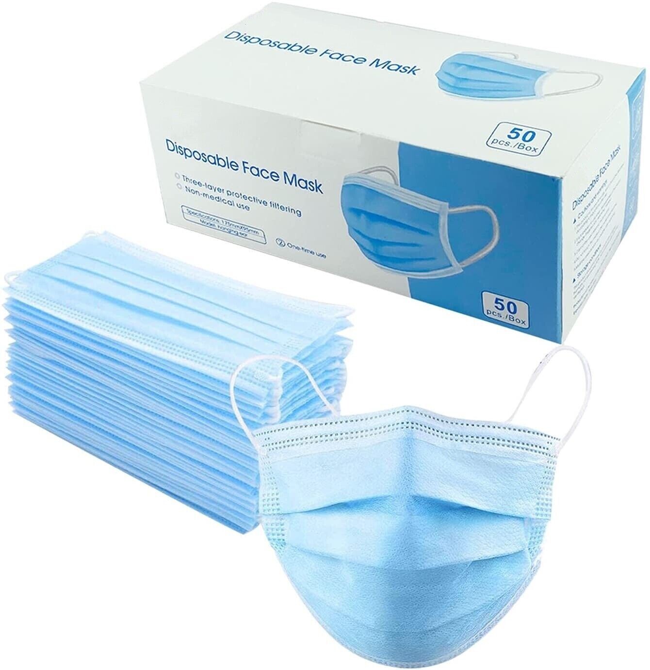 Disposable Face Masks (50pc) 3-Layers, Ear Loop Type, Blue. Free Shipping