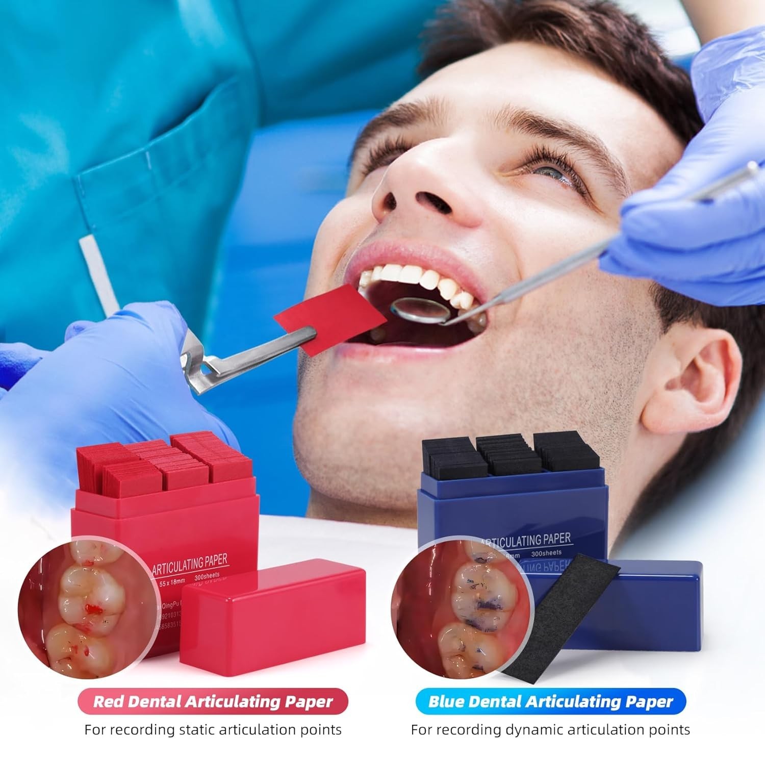 Dental Articulating Paper 300 PCS, Plastic Dispenser Blue 100 Micron Bite Art…