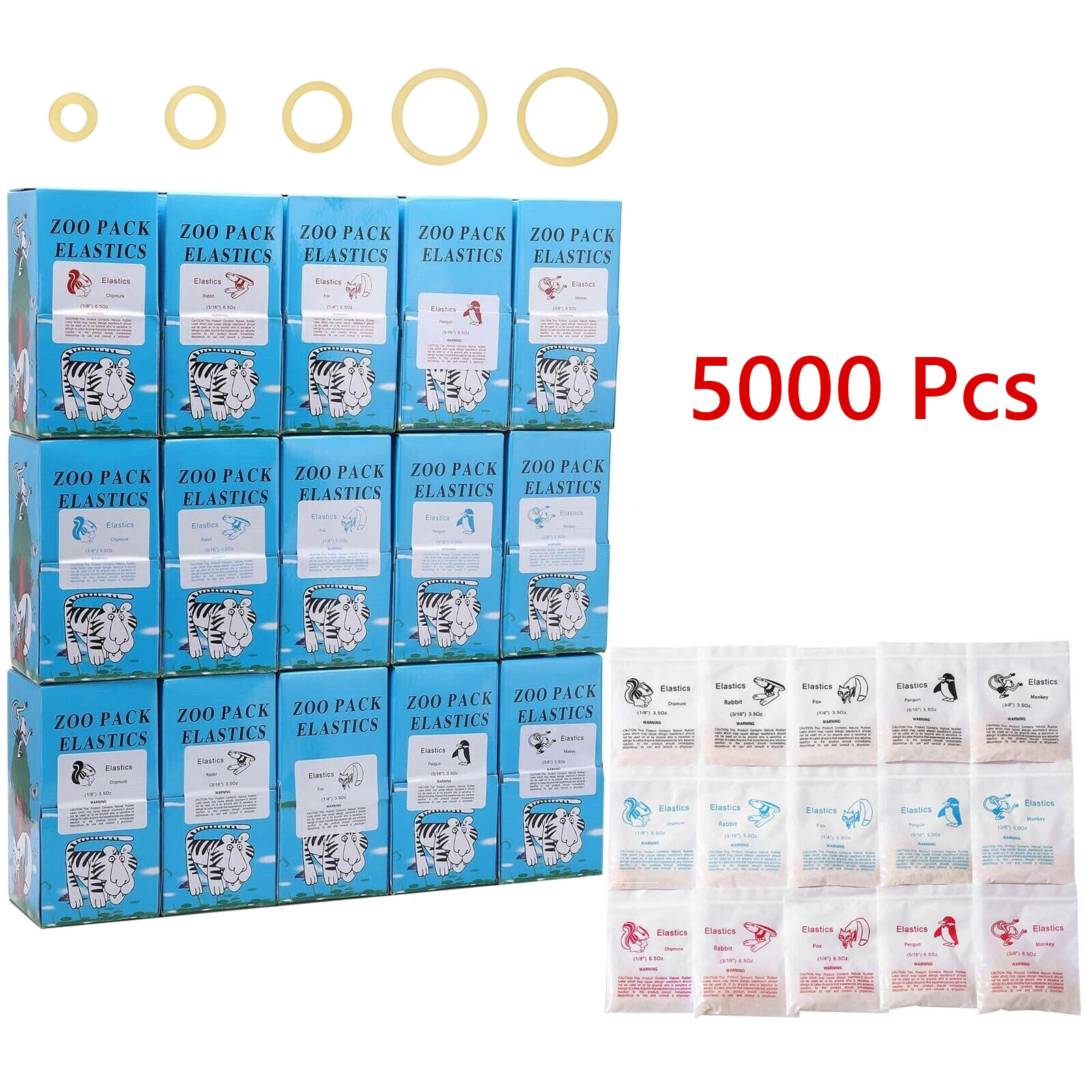 5000pcs Dental Ortho Elastic Rubber Bands Zoo Pack Latex Braces 3.5/5.0/6.5 OZ