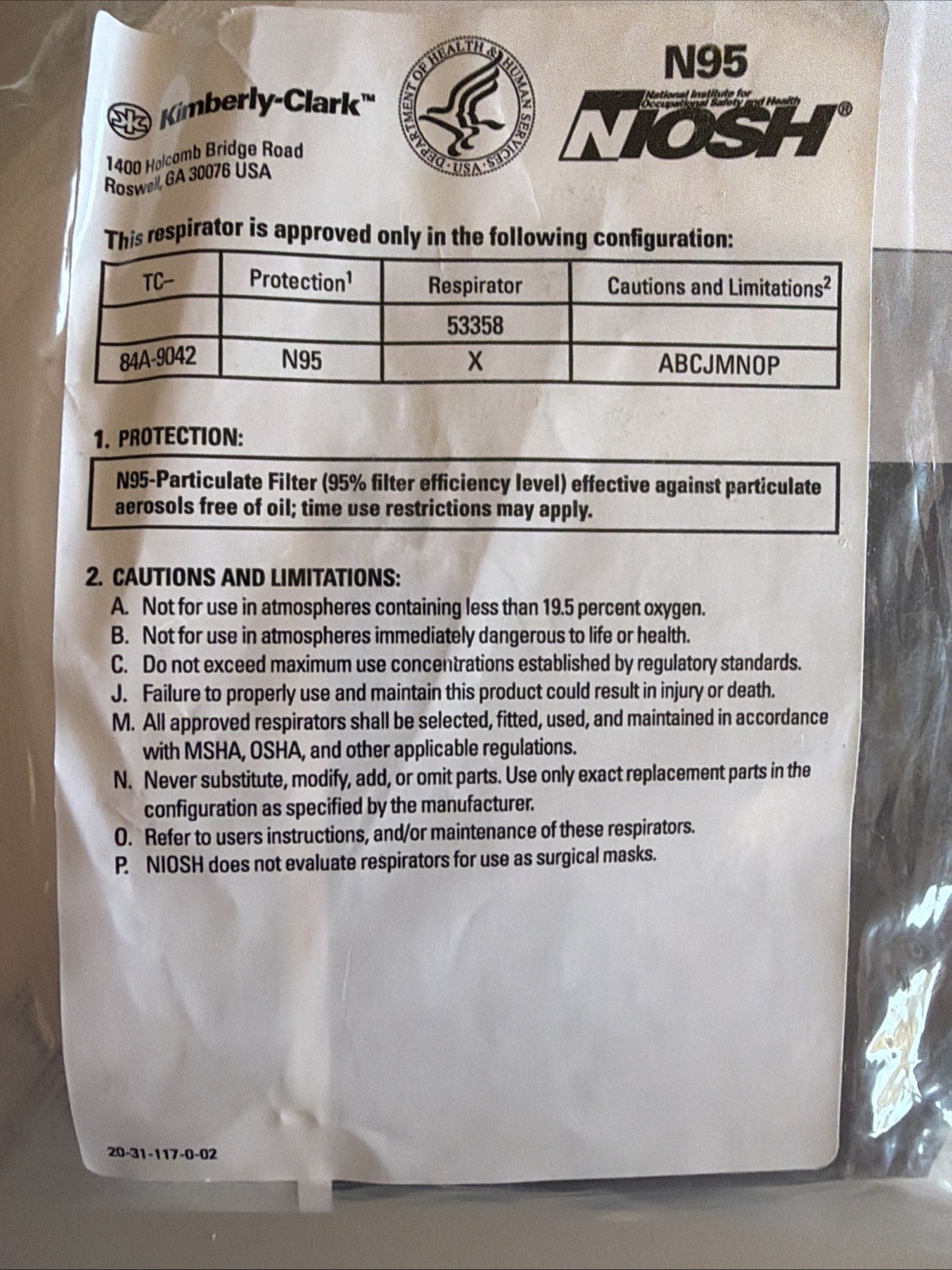 Kimberly-Clark Professional N95 Pouch Respirator (53358) NIOSH-Approved 50/bag