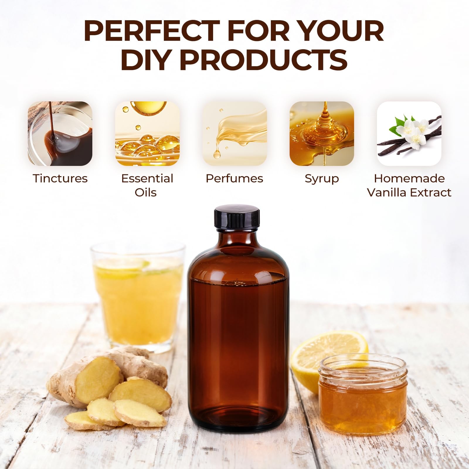 3 Pack,16 OZ Amber Glass Bottles Boston Round Sample Refillable
