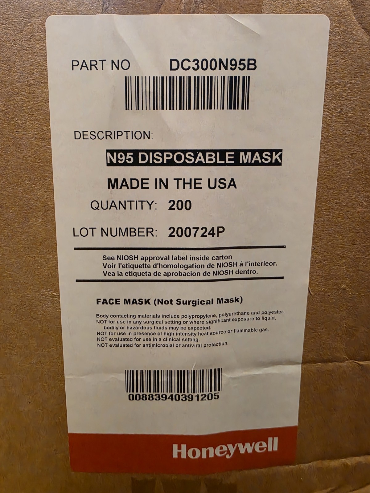 Honeywell N95 DC300N95B Respirator Particulate Masks Disposable NIOSH, 200/Case.