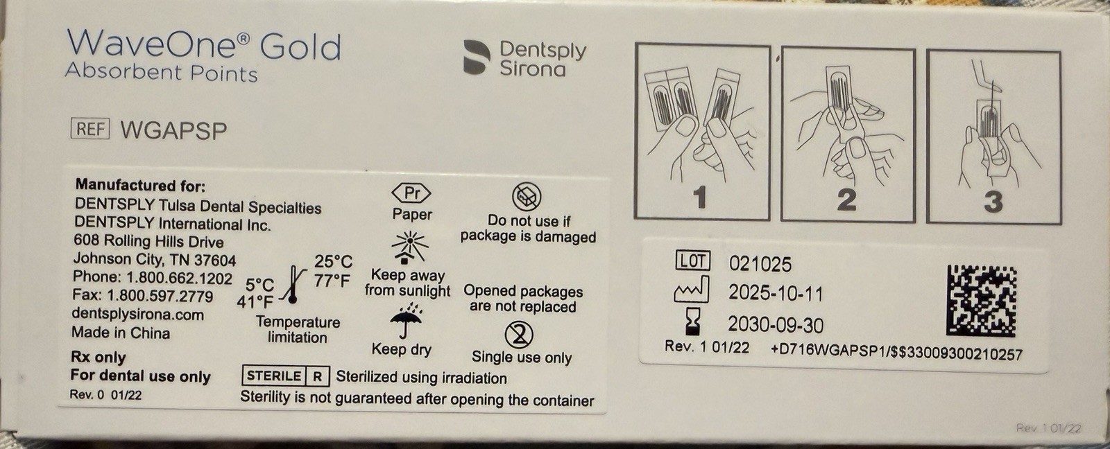 Dentsply Sirona Wave One Gold Absorbent Paper Points 180/Box Primary New
