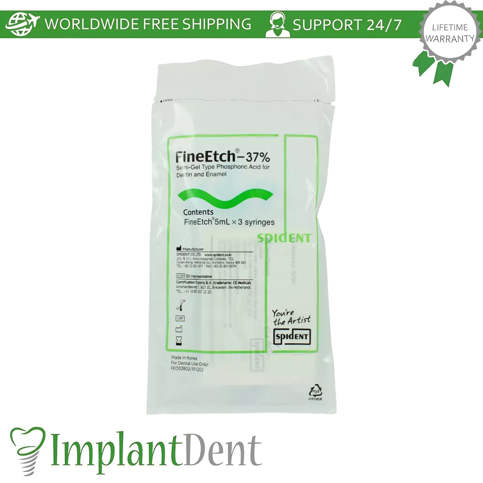 Spident FineEtch Dental Etching Gel 5ml x3 Syringes Smear Layers Remover Bonding