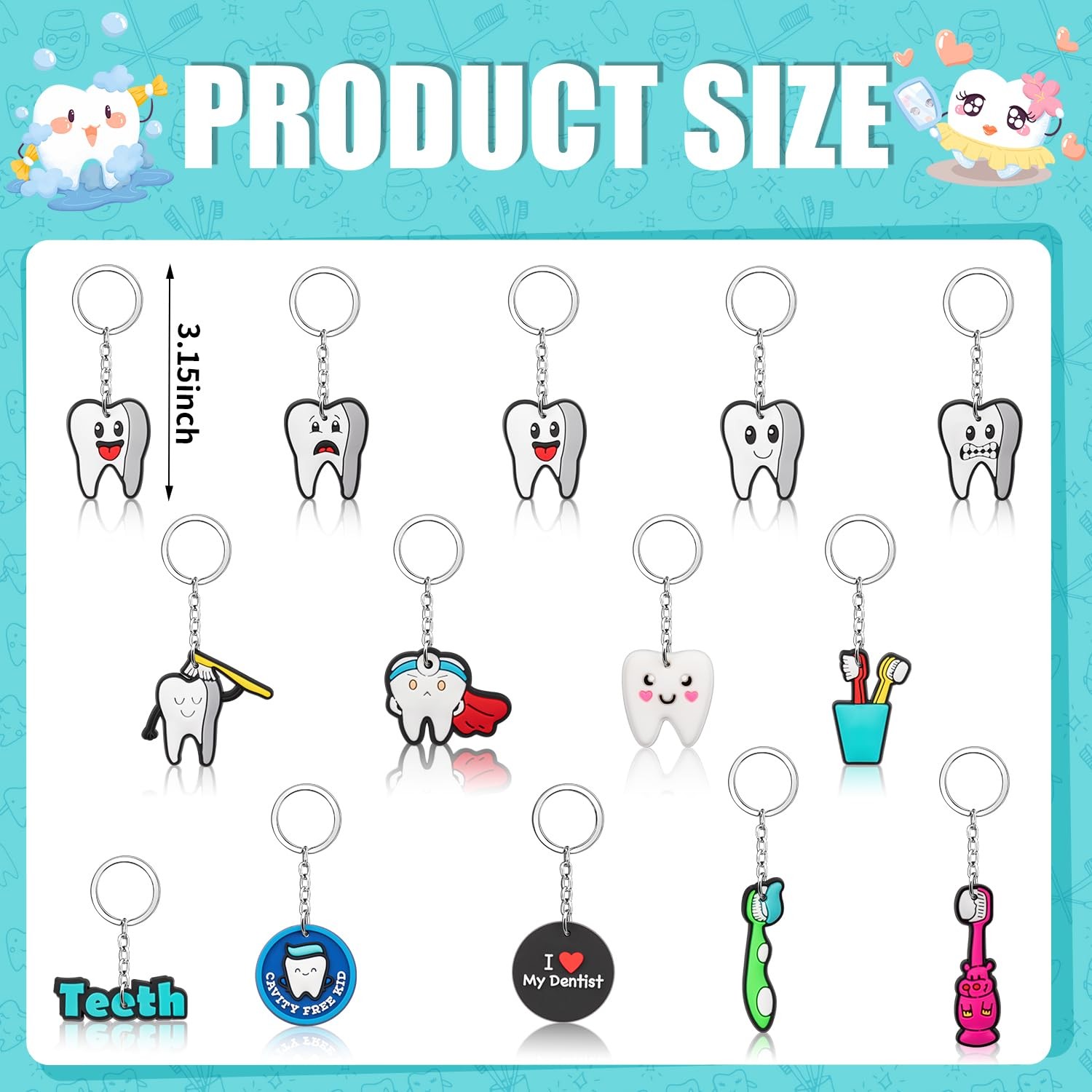 LBSXQGS Tooth Shape Keychain, Dental Assistant 3.5 inches, Toothkeychain28pcs