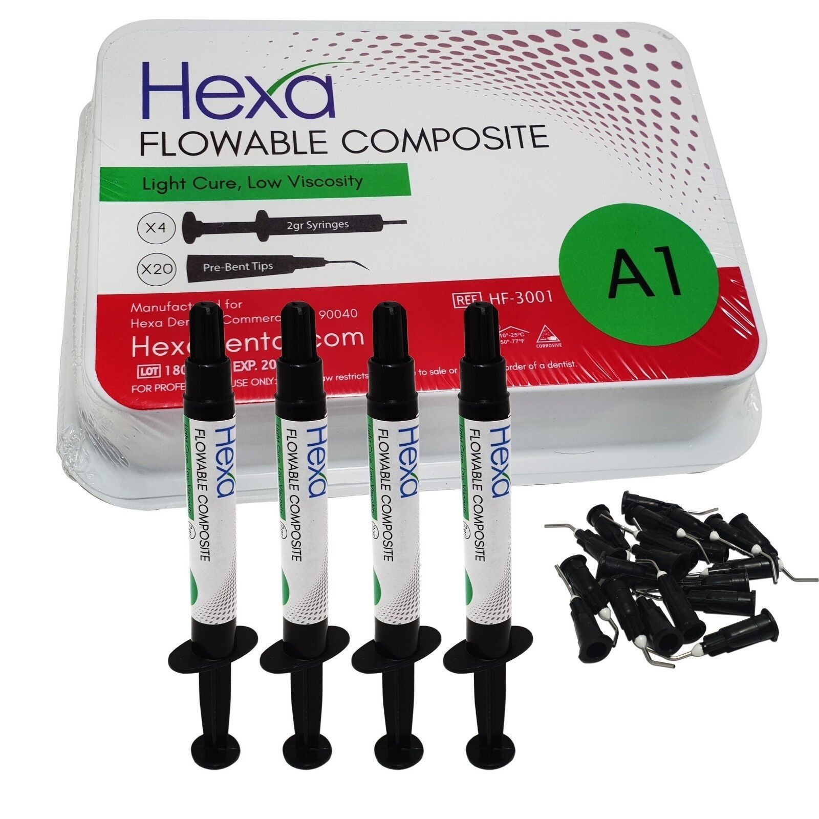 Hexa A1 Flowable Composite Light Cure, Low Viscosity (4 x 2gm Syringes, 20 Tips)