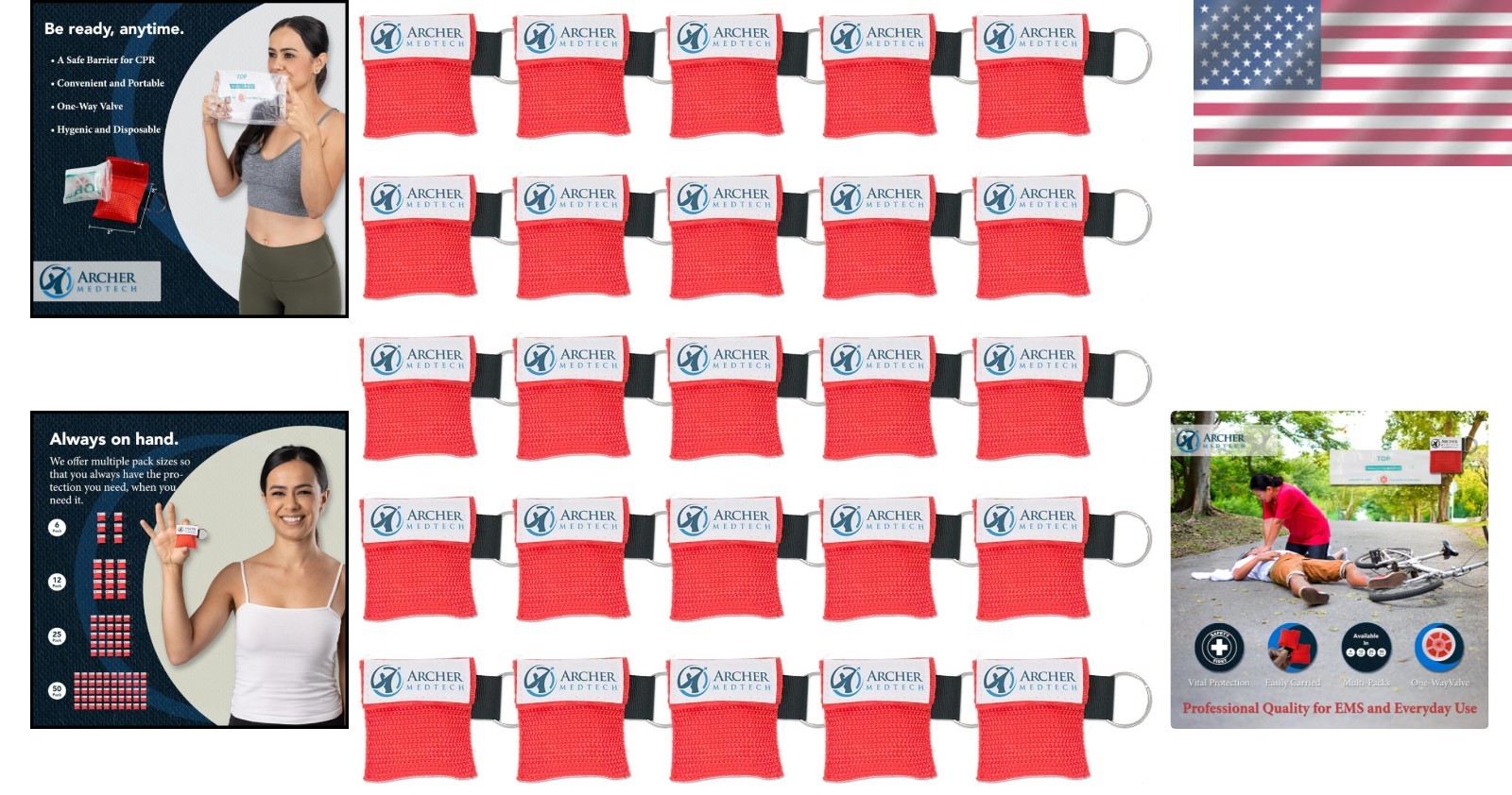 CPR Face Shield Kit Latex-Free Emergency Rescue Barrier Keychain 25-Pack