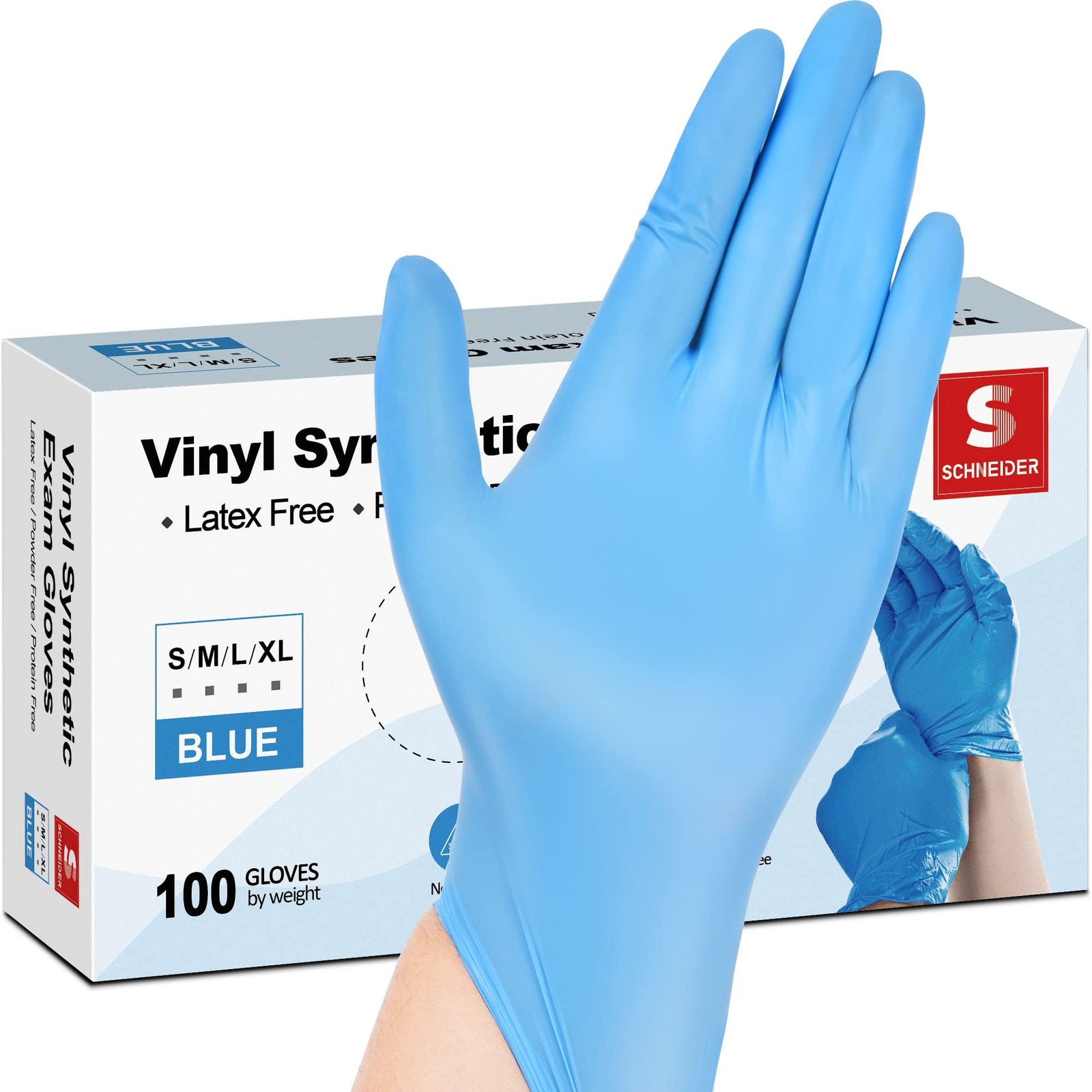 Schneider Blue Vinyl Synthetic Exam Gloves, Medium, Box of 100, 4 Mil,
