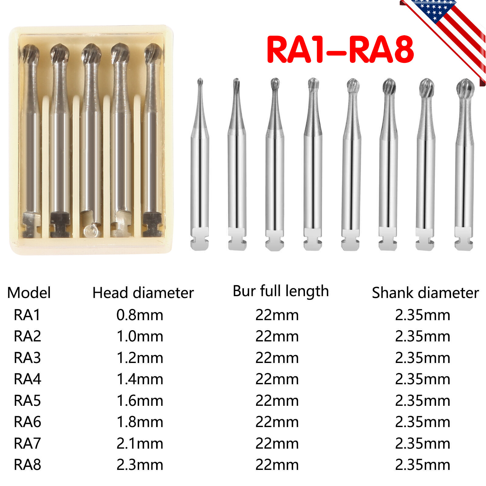 5pcs/box Dental Round Latch Carbide Bur RA1 2 3 4 5 6 7 8 RA Drill F/ Slow Speed